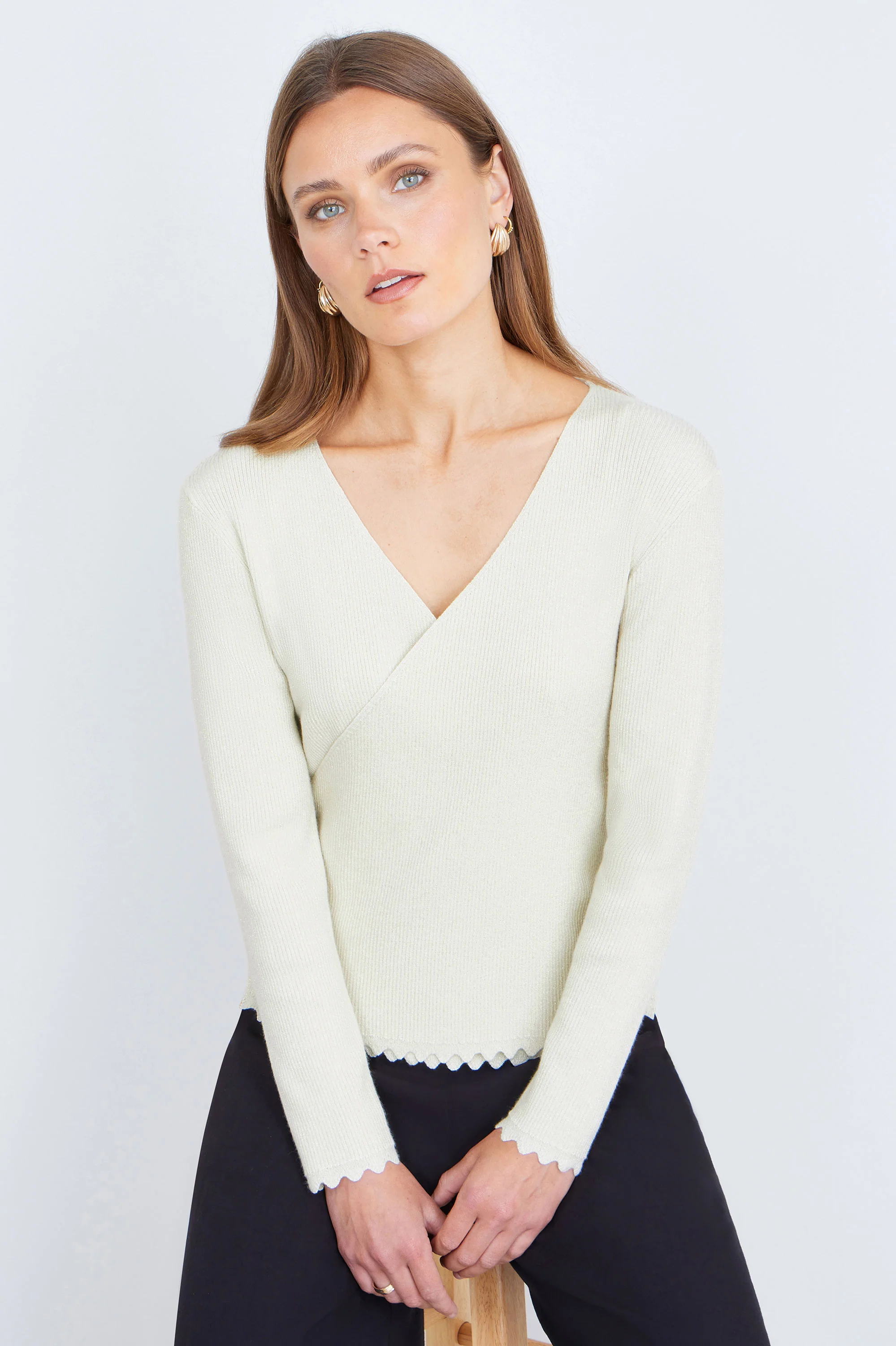 Yumi Ivory Metallic Thread Rib Wrap Knitted Top - Image 3