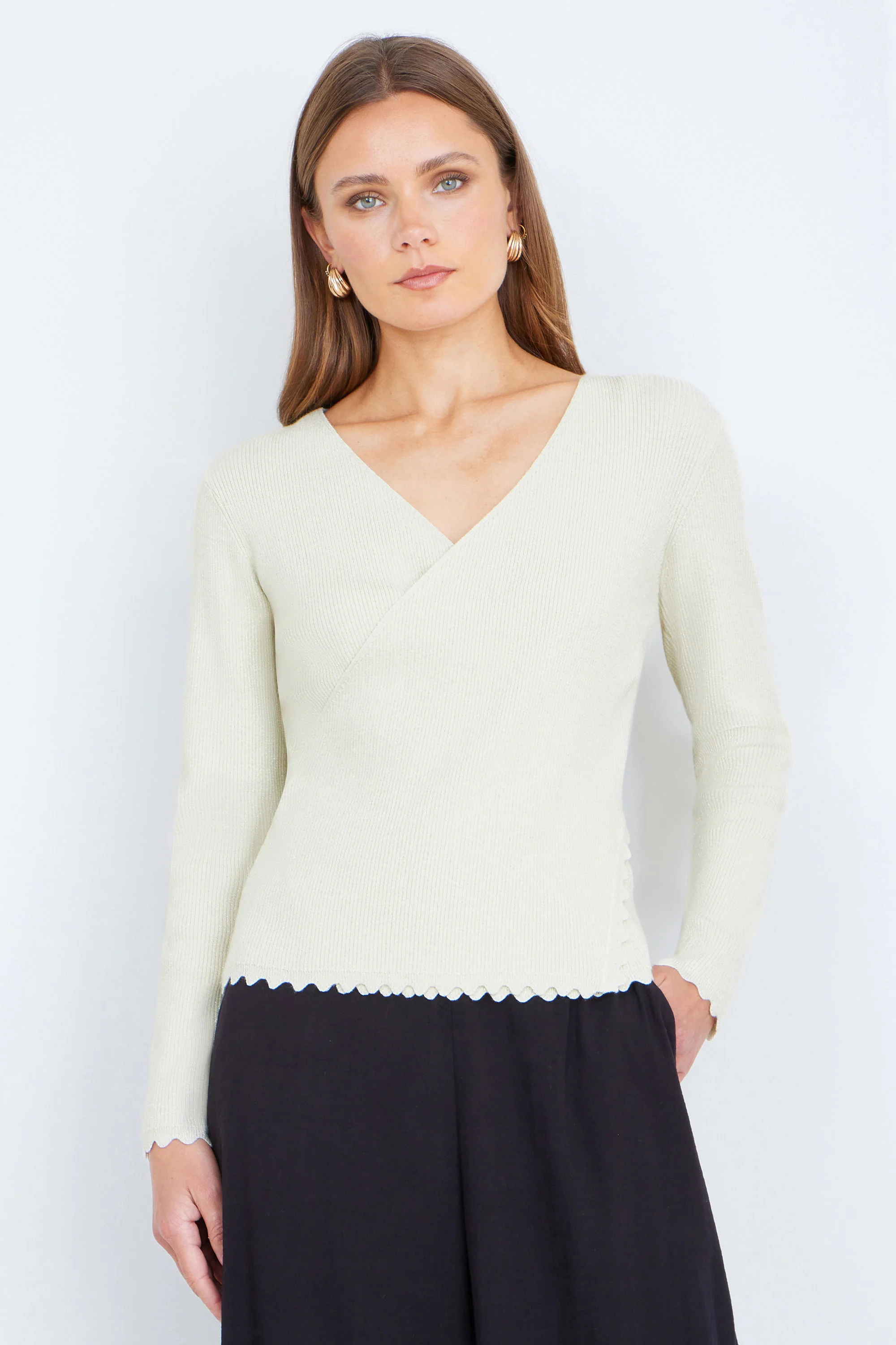 Yumi Ivory Metallic Thread Rib Wrap Knitted Top - Image 5