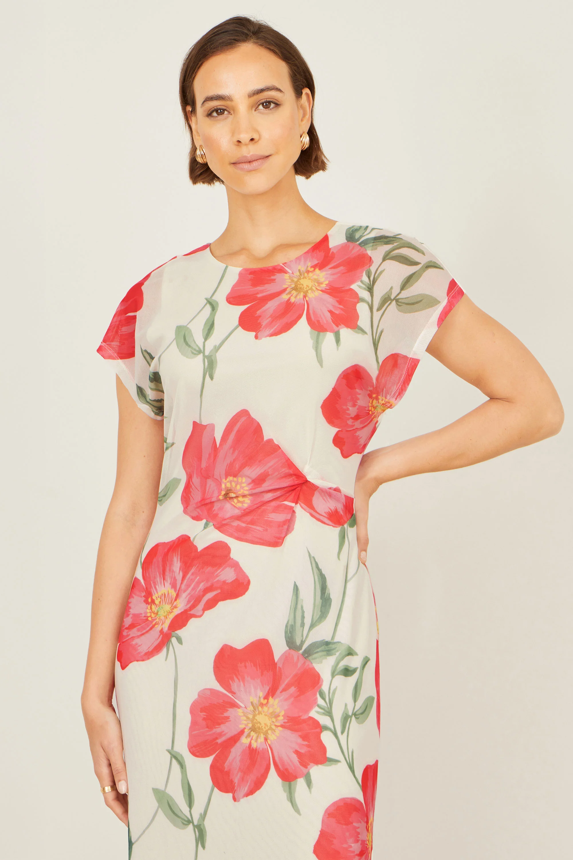 Yumi Ivory Poppy Print Midi Mesh Dress - Image 2