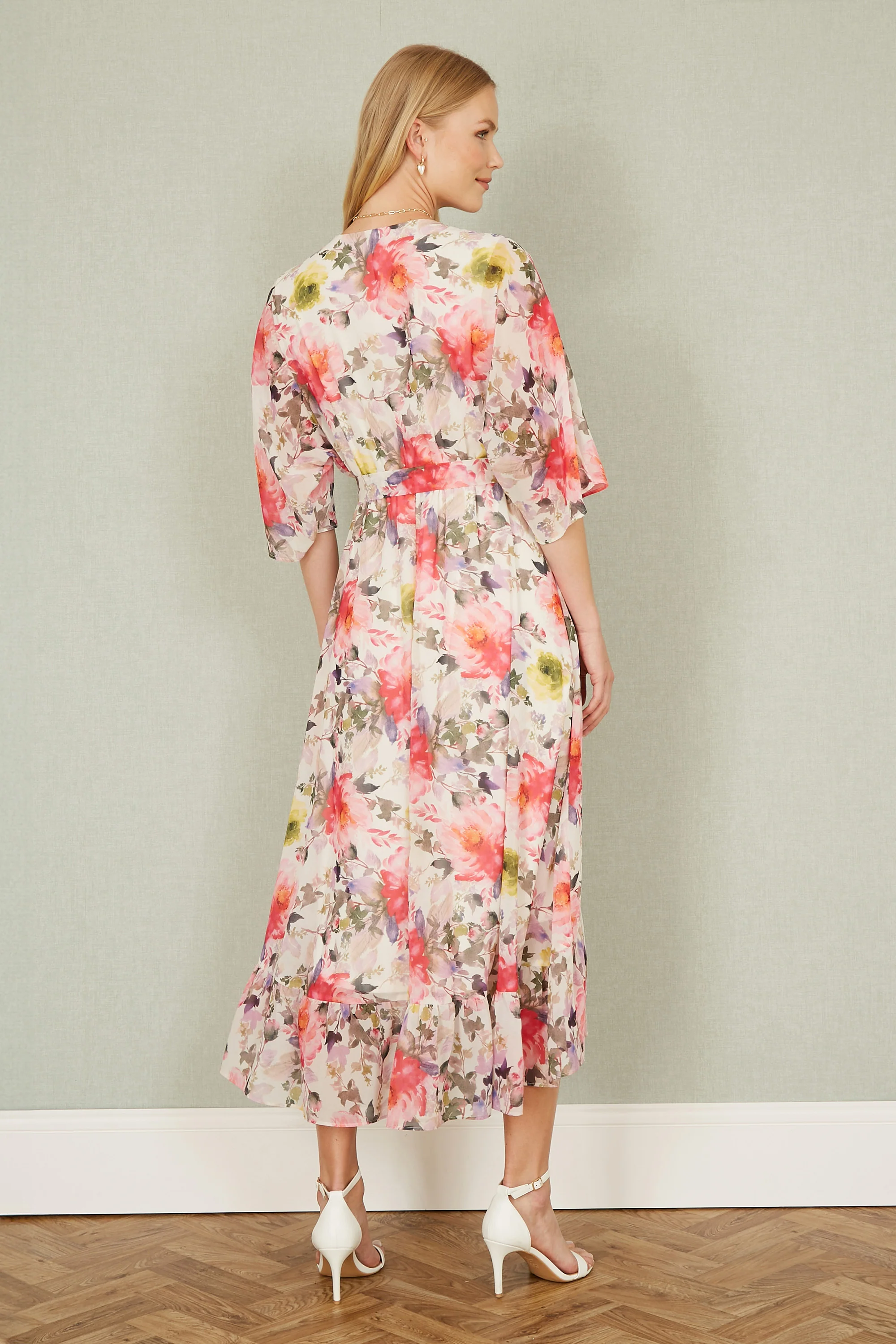 Yumi Ivory Vintage Floral Wrap Midi Dress With Frill - Image 4