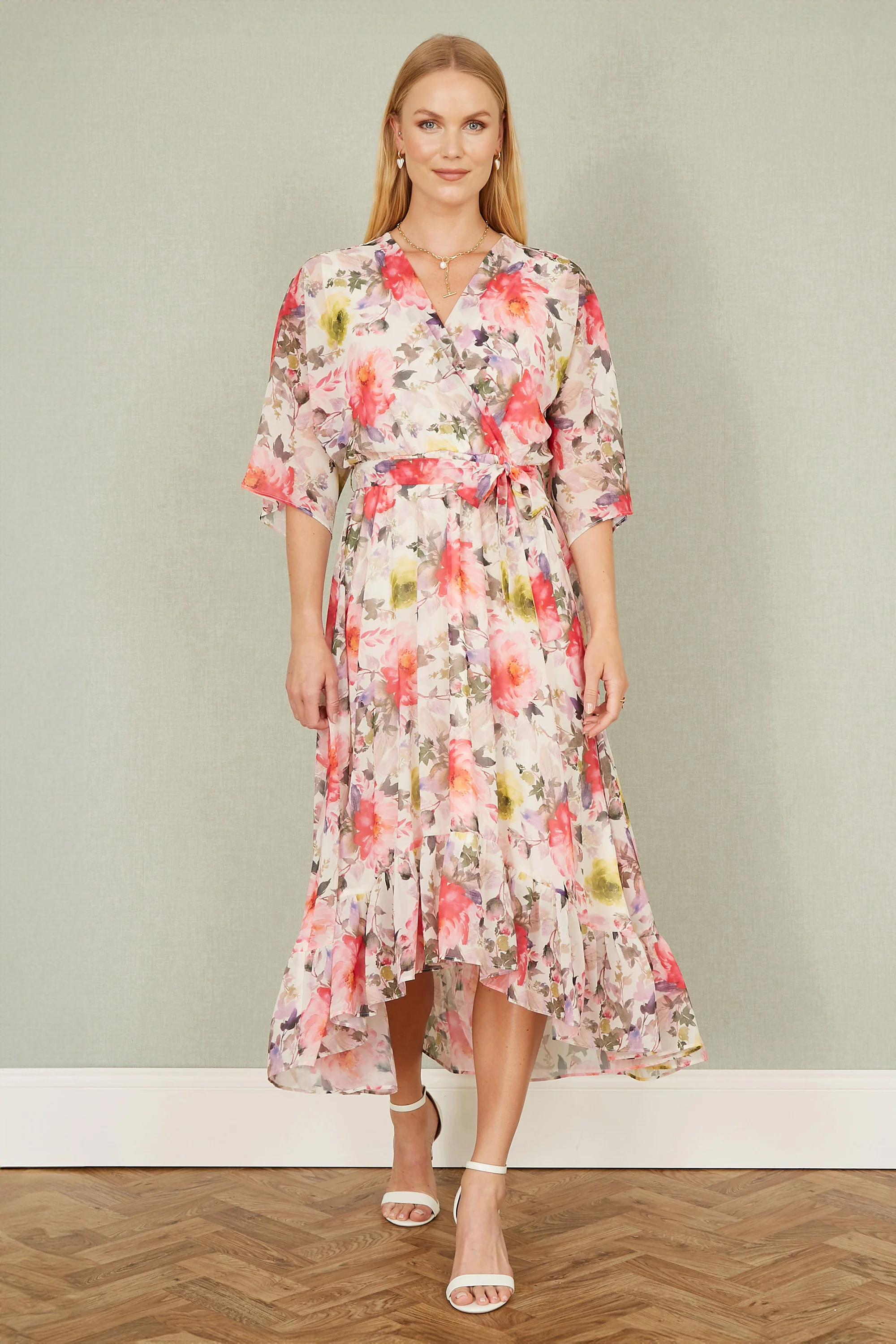 Yumi Ivory Vintage Floral Wrap Midi Dress With Frill - Image 5