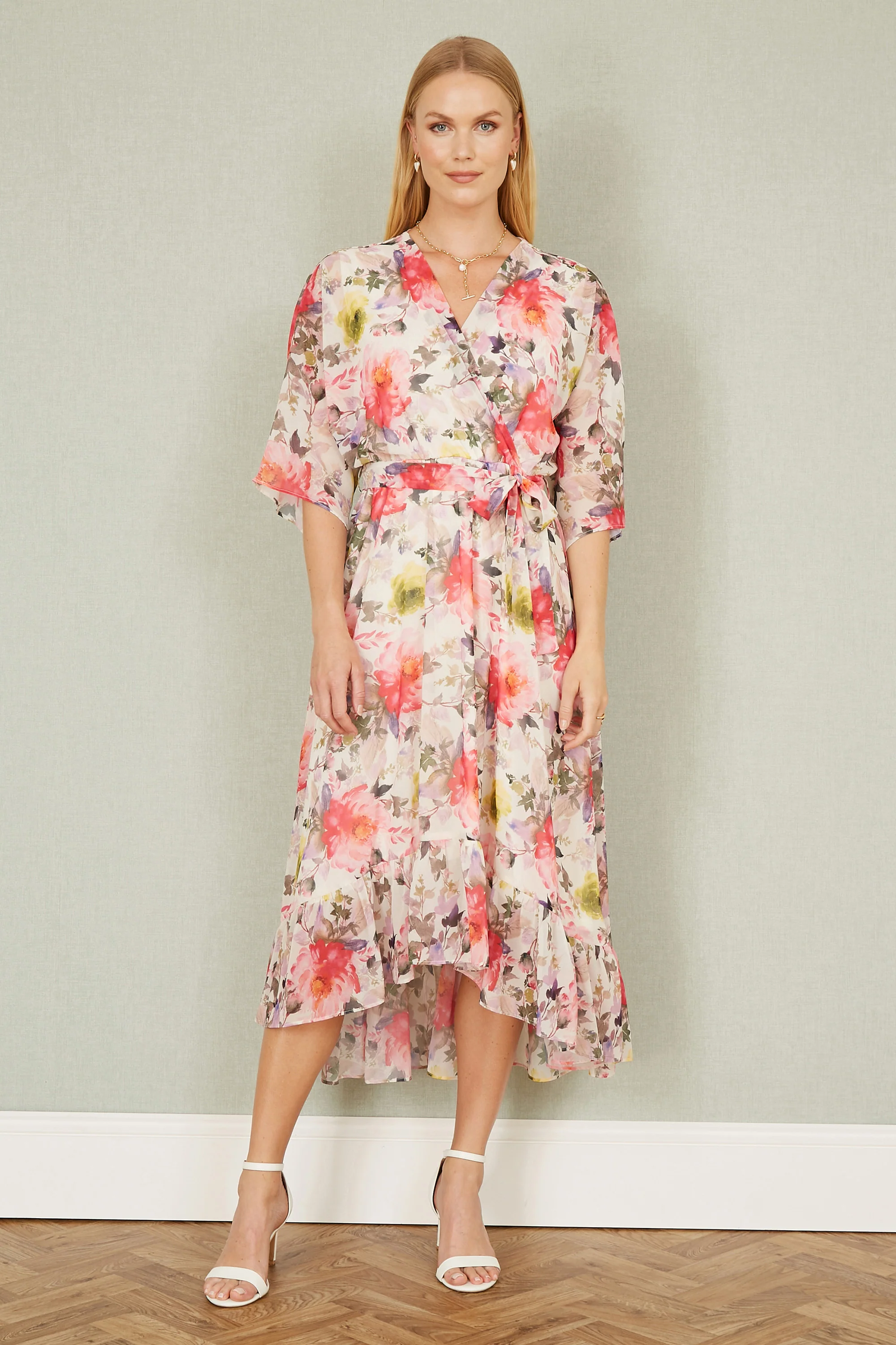 Yumi Ivory Vintage Floral Wrap Midi Dress With Frill - Image 6