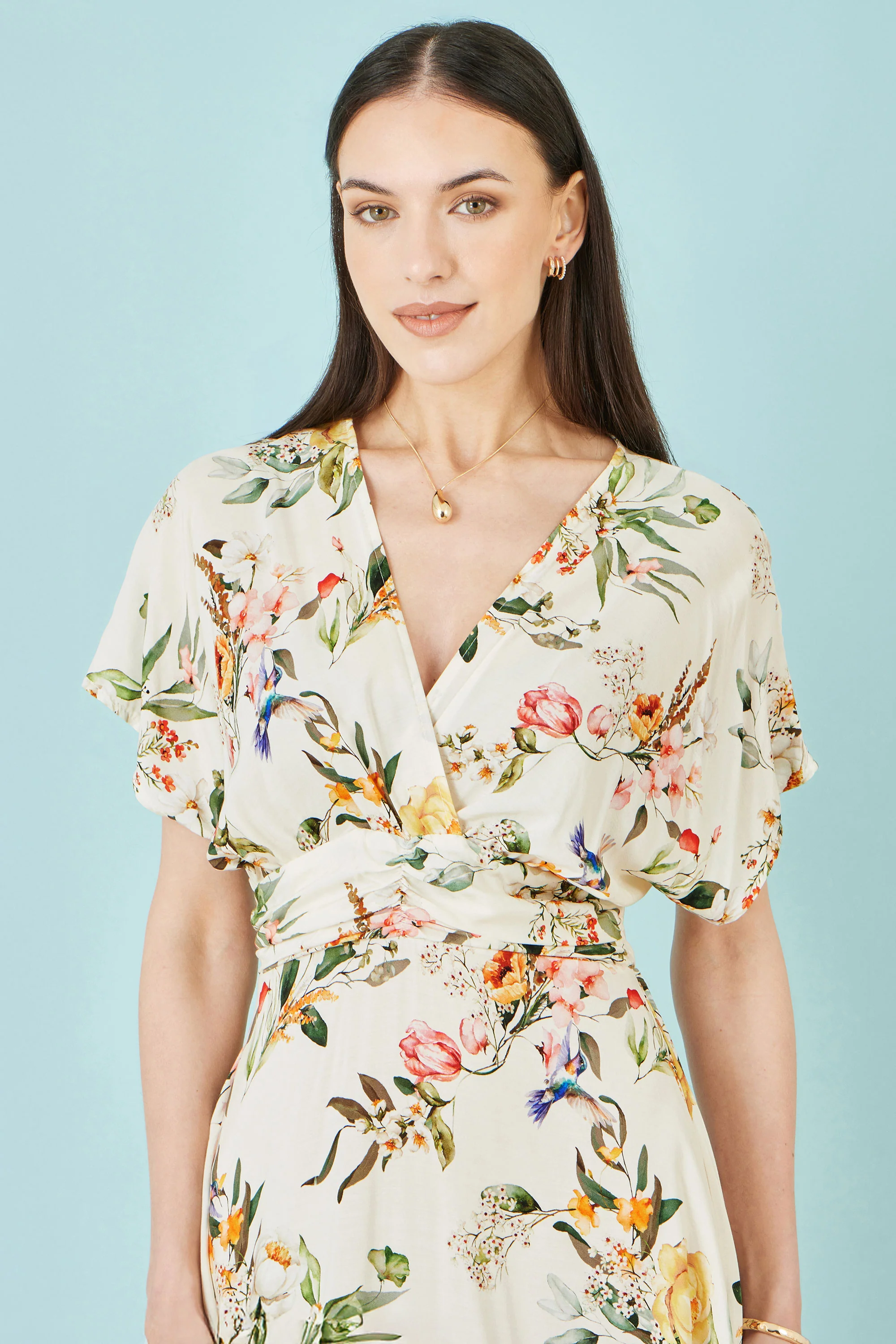 Yumi Ivory Viscose Floral Print Midi Dress With Ruched Waist - Image 2