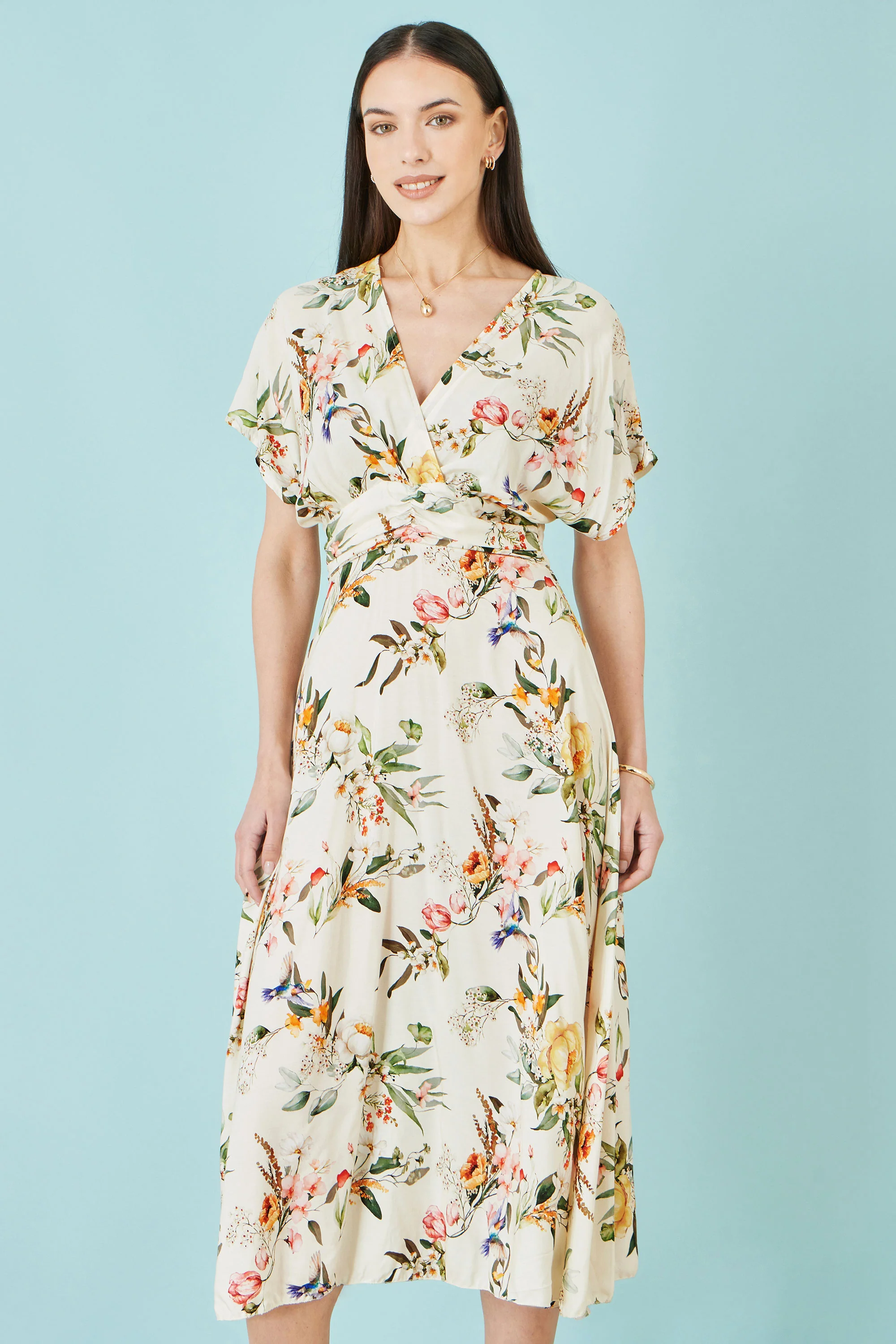 Yumi Ivory Viscose Floral Print Midi Dress With Ruched Waist - Image 3