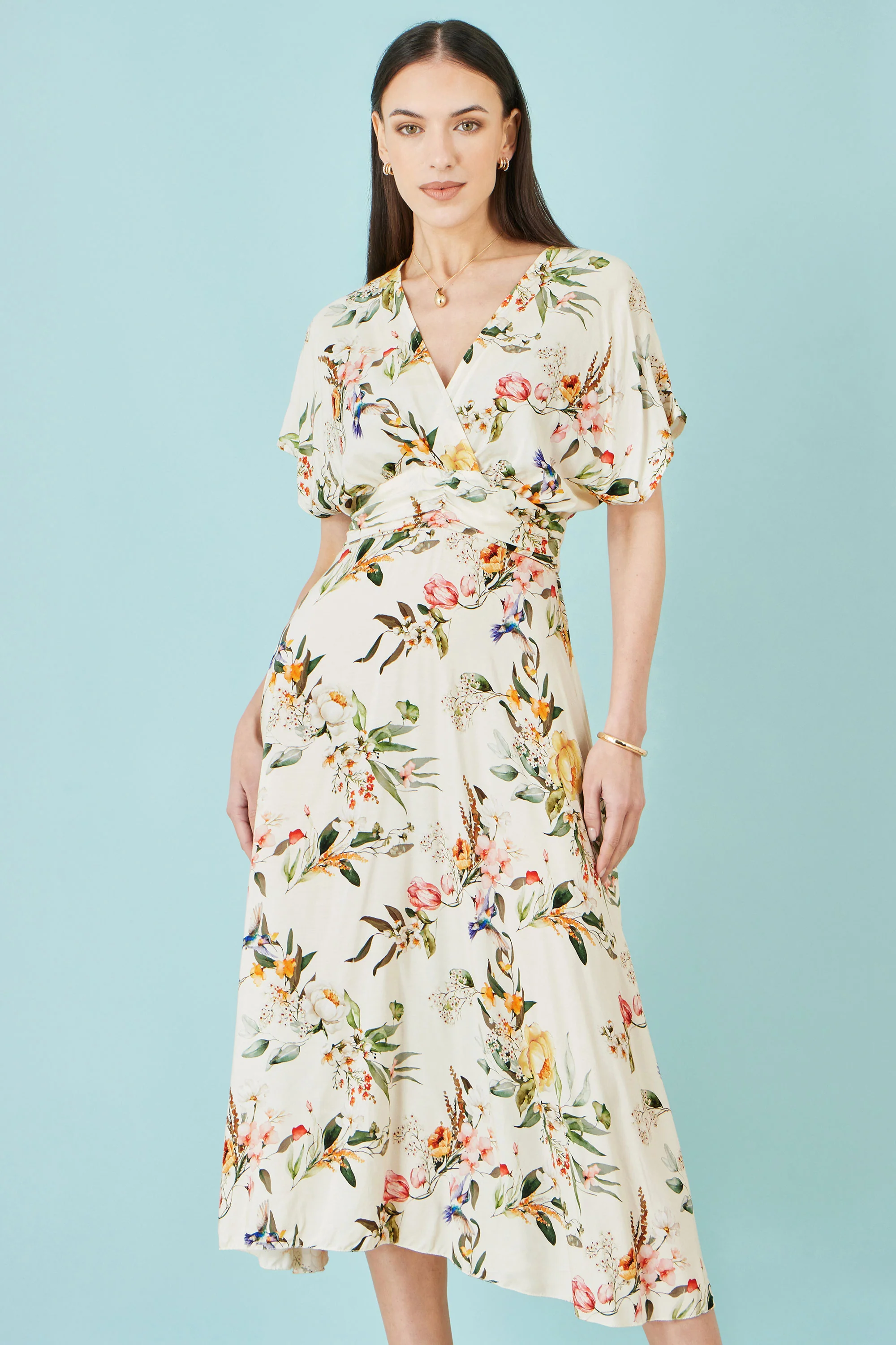 Yumi Ivory Viscose Floral Print Midi Dress With Ruched Waist - Image 5