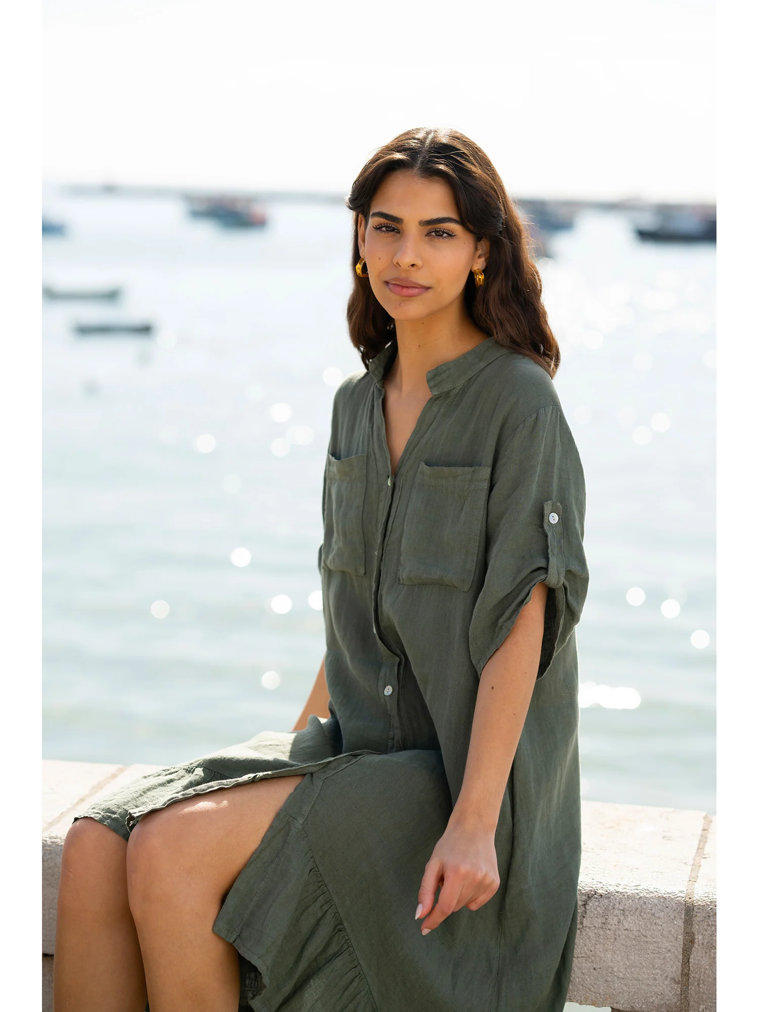 Yumi Khaki Italian Linen Shirt Dress With Frill Hem - Image 3