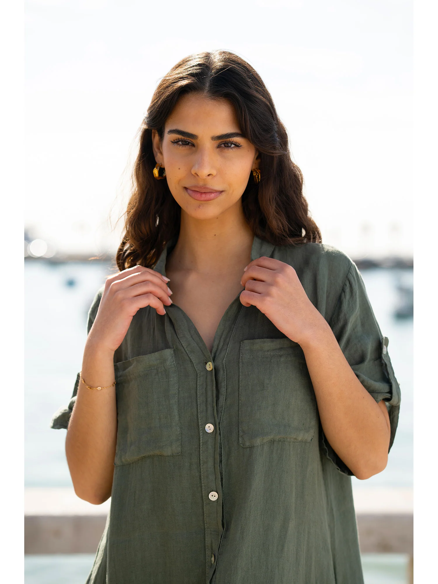 Yumi Khaki Italian Linen Shirt Dress With Frill Hem - Image 4