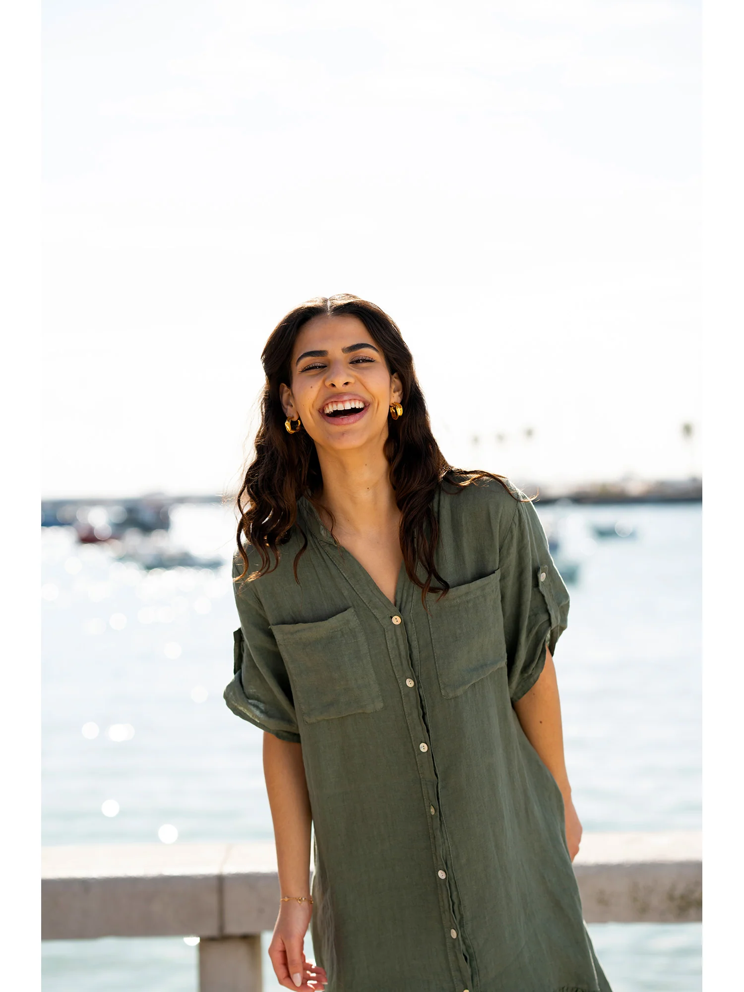Yumi Khaki Italian Linen Shirt Dress With Frill Hem - Image 5