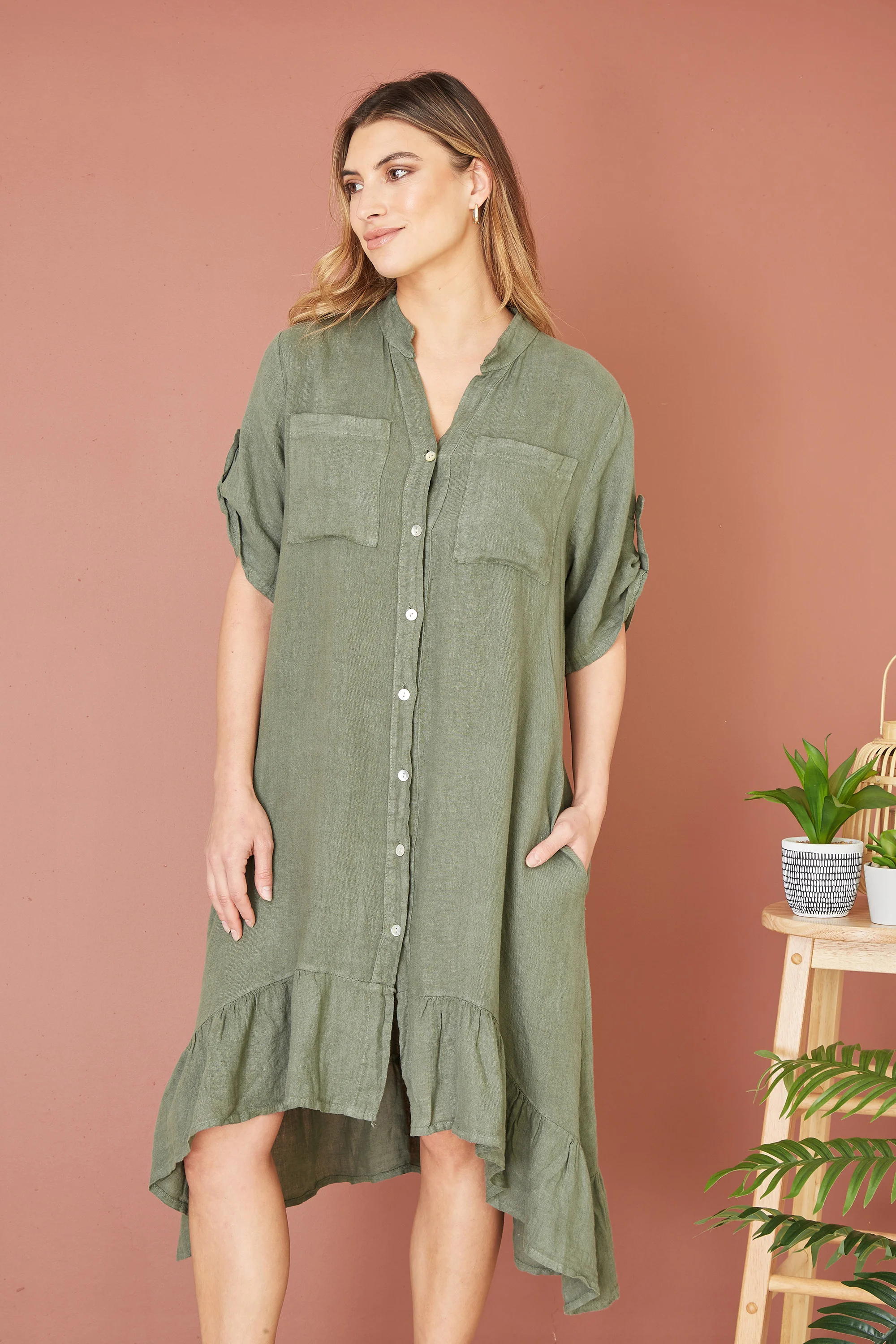 Yumi Khaki Italian Linen Shirt Dress With Frill Hem - Image 6