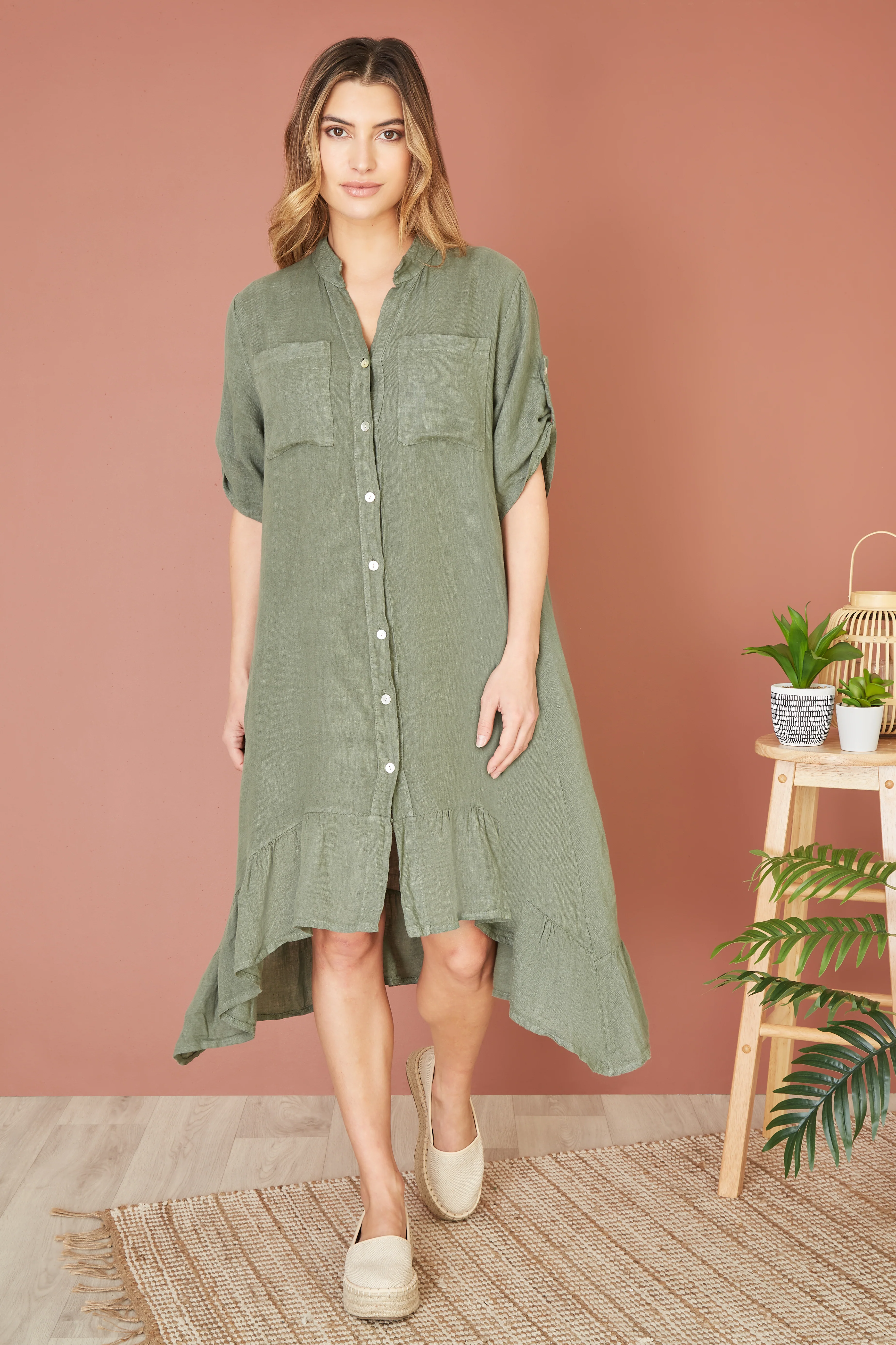 Yumi Khaki Italian Linen Shirt Dress With Frill Hem - Image 7
