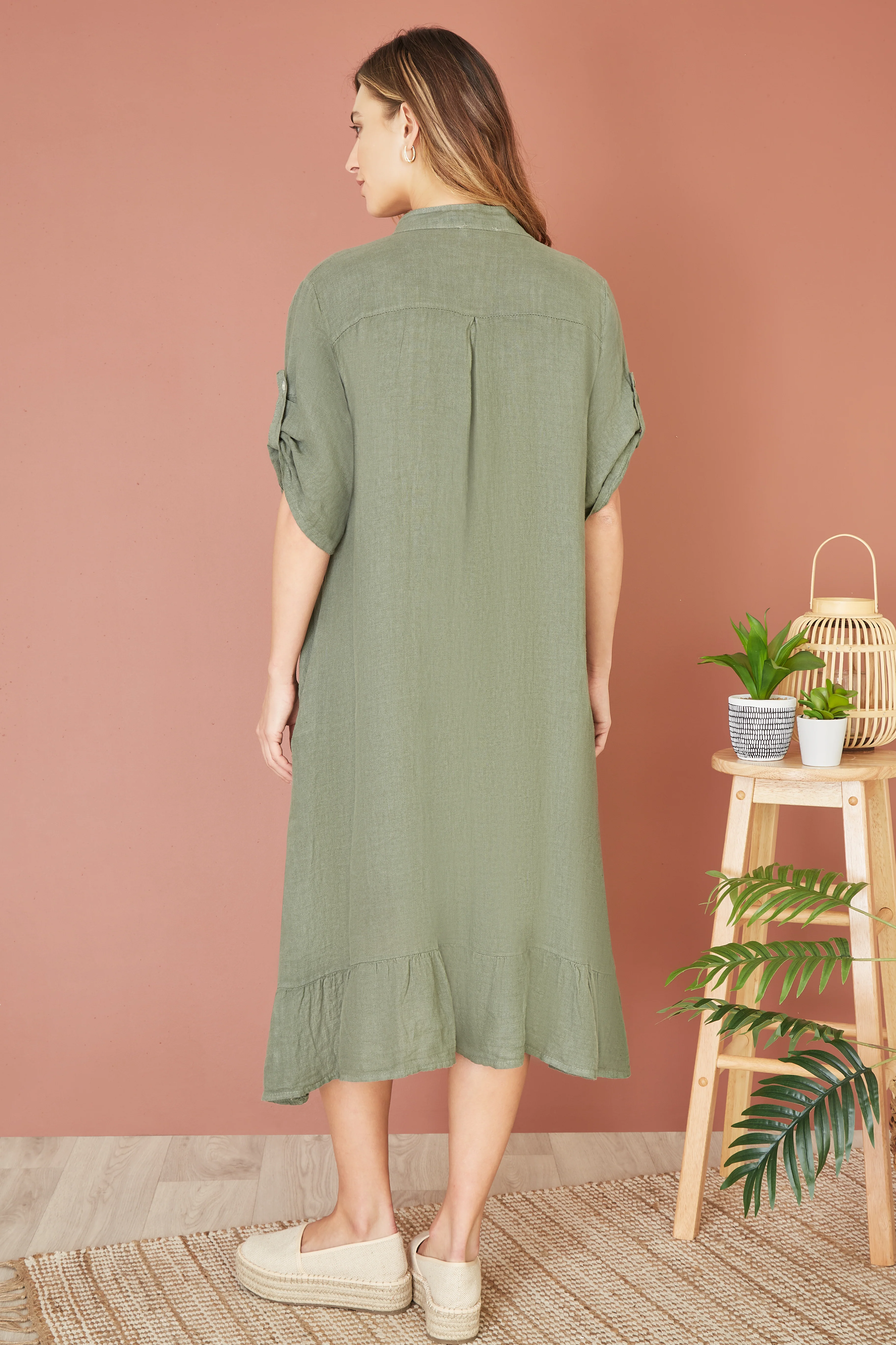 Yumi Khaki Italian Linen Shirt Dress With Frill Hem - Image 8