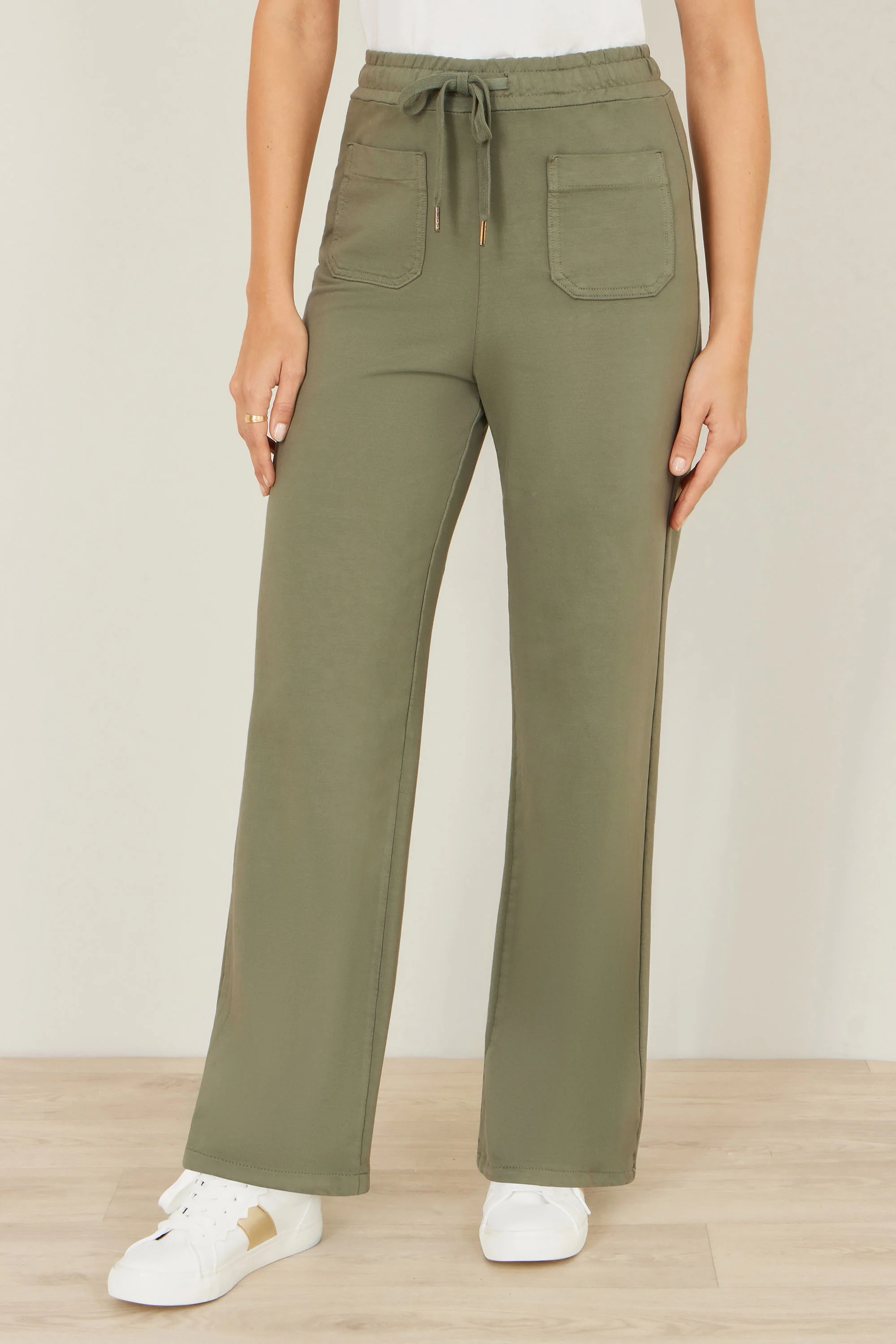 Yumi Khaki Relaxed Stretch Wide Leg Trousers With Pockets - Image 2