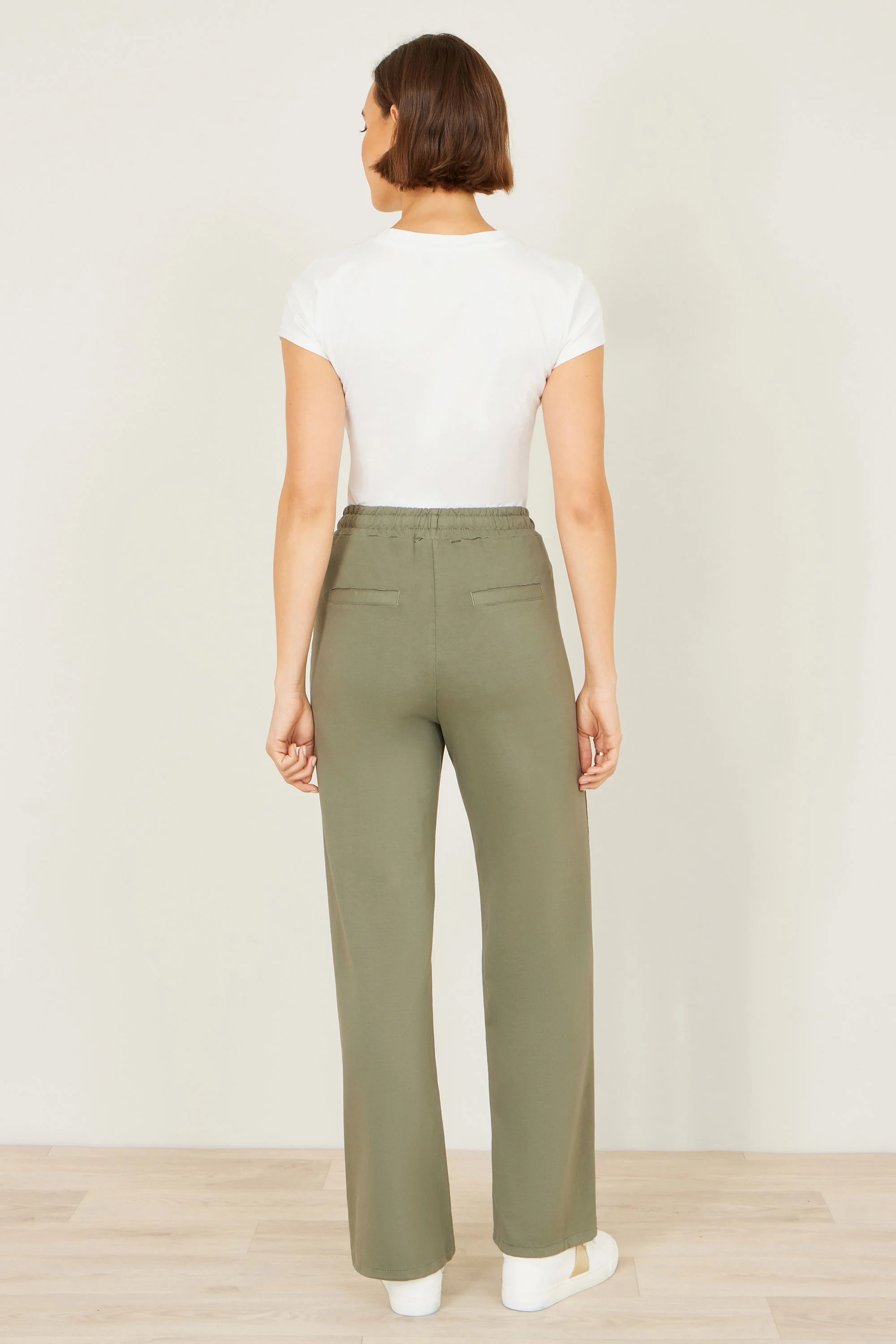 Yumi Khaki Relaxed Stretch Wide Leg Trousers With Pockets - Image 3