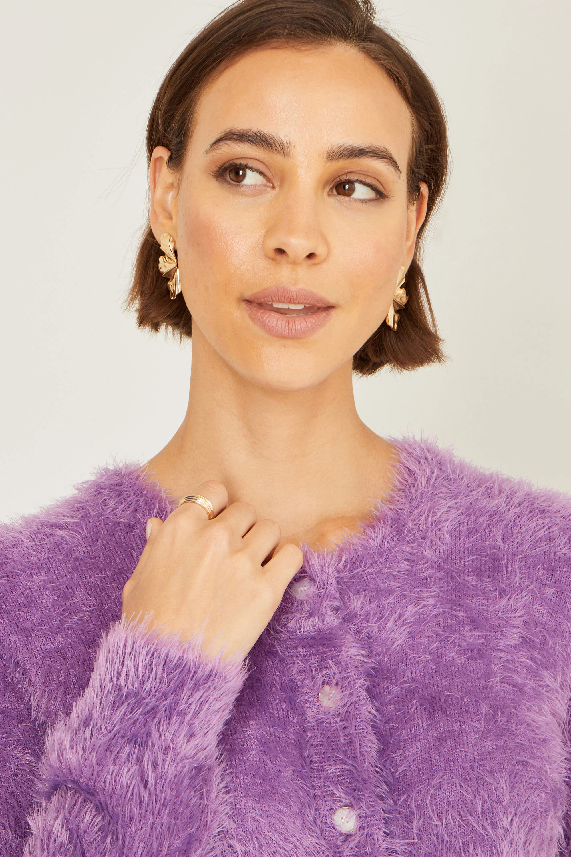 Yumi Lavender Eyelash Knit Cropped Cardigan - Image 6