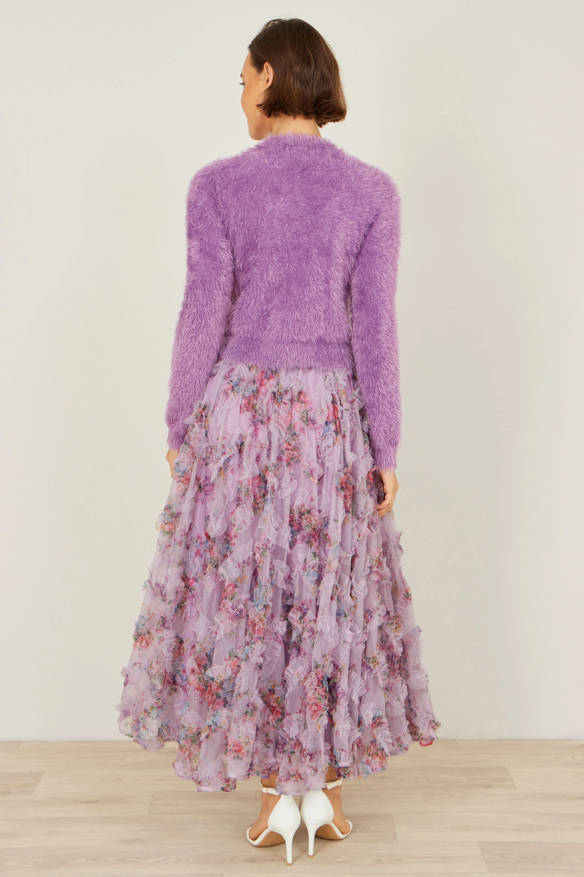 Yumi Lilac Floral Ruffle Mesh Midi Skirt - Image 3
