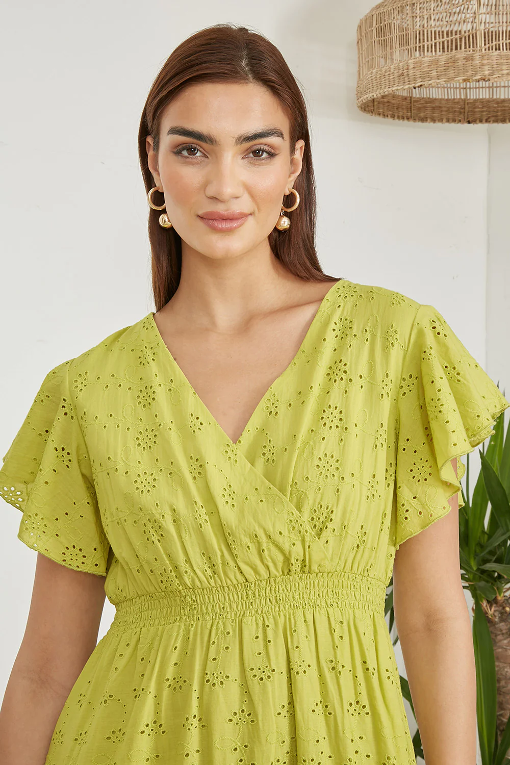 Yumi Lime Cotton Broderie Anglaise Wrap Midi Dress - Image 2