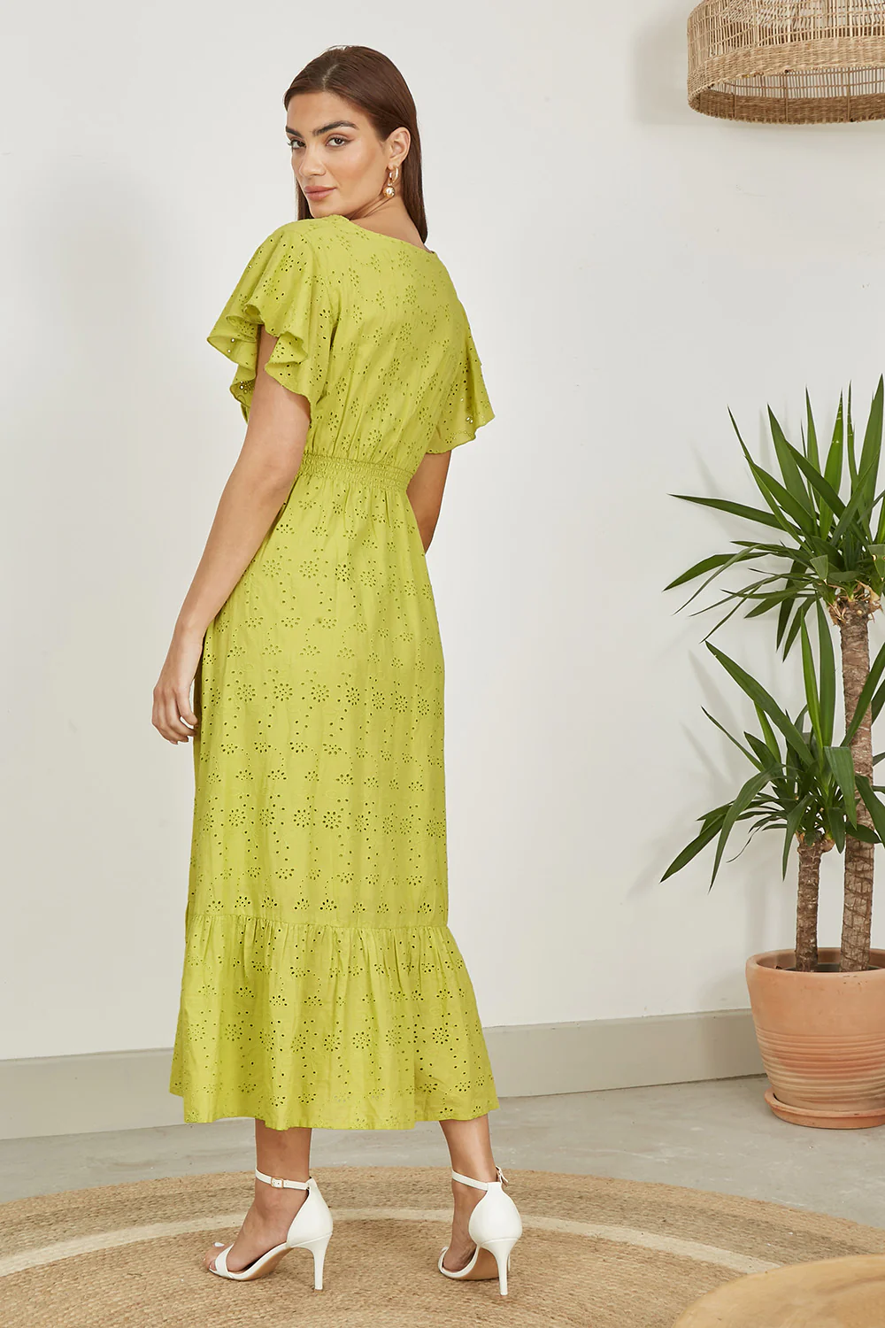 Yumi Lime Cotton Broderie Anglaise Wrap Midi Dress - Image 3