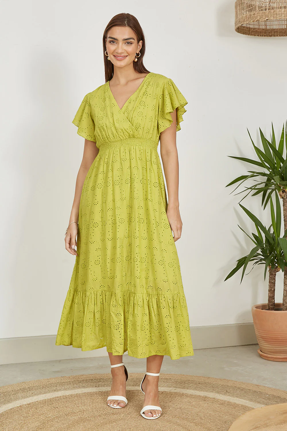 Yumi Lime Cotton Broderie Anglaise Wrap Midi Dress - Image 4
