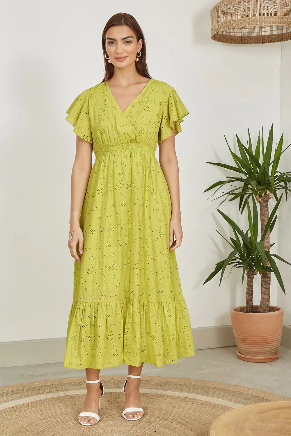 Yumi Lime Cotton Broderie Anglaise Wrap Midi Dress - Image 5