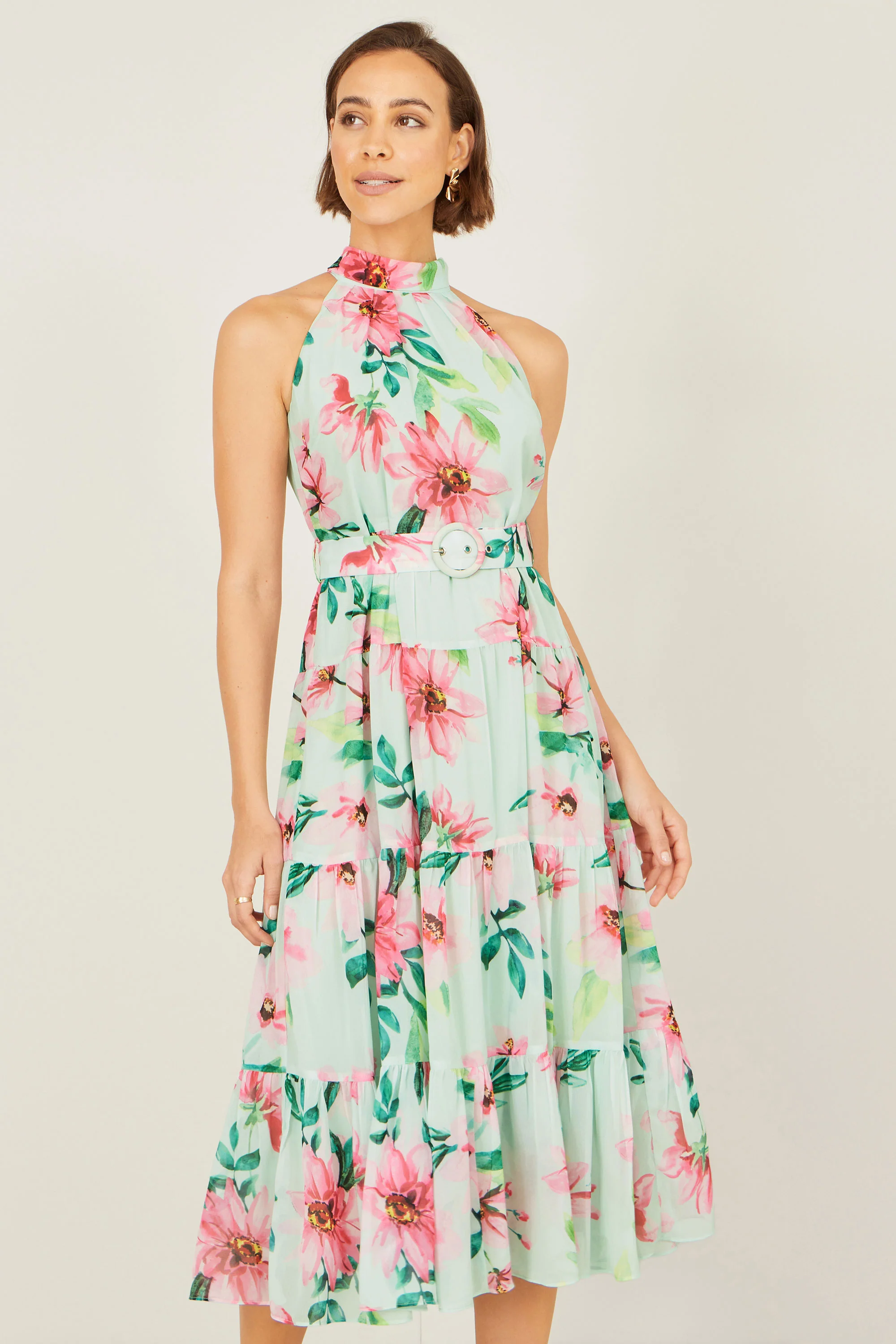 Yumi Mint Floral Halter Neck Midi Dress With Matching Belt
