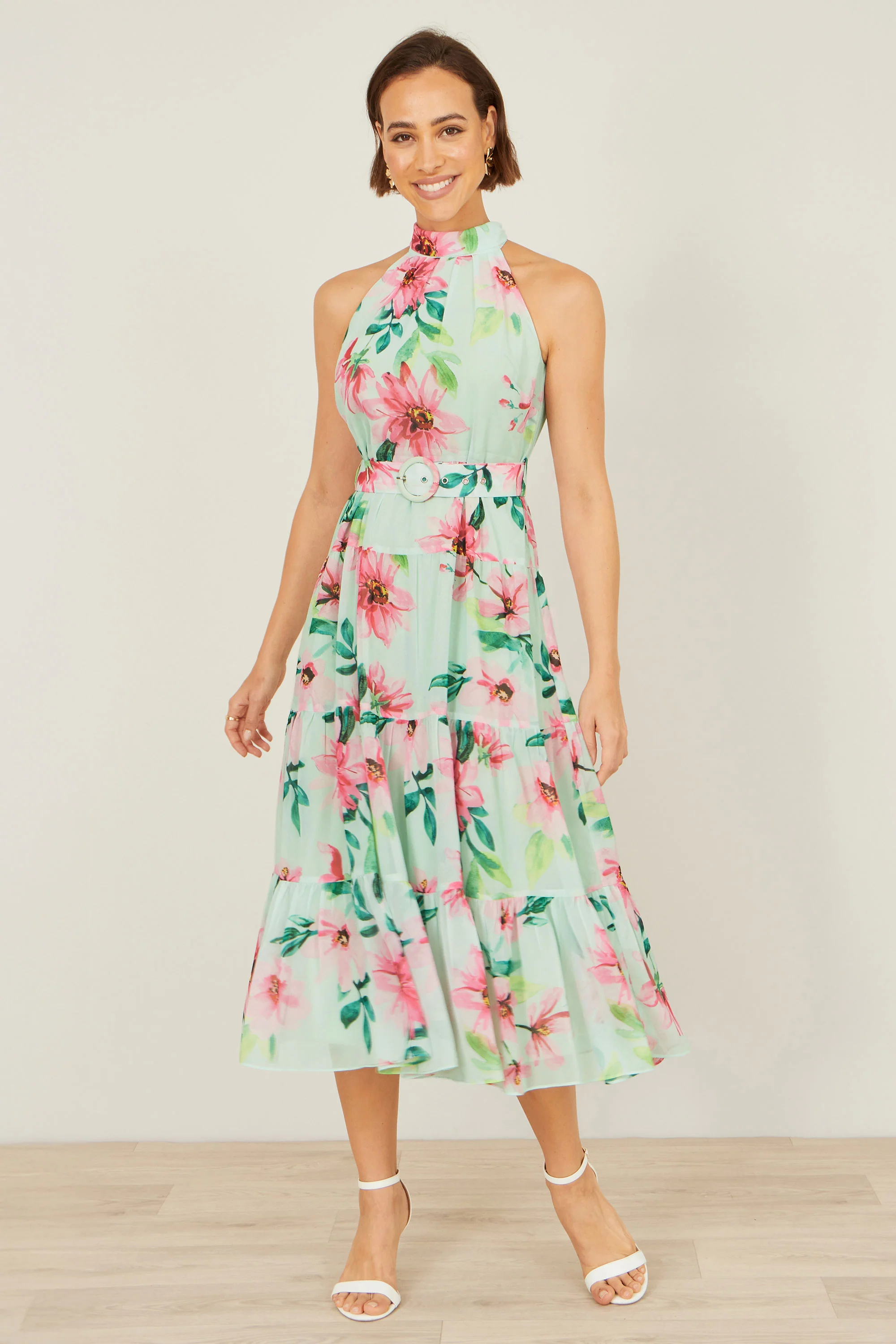Yumi Mint Floral Halter Neck Midi Dress With Matching Belt - Image 3
