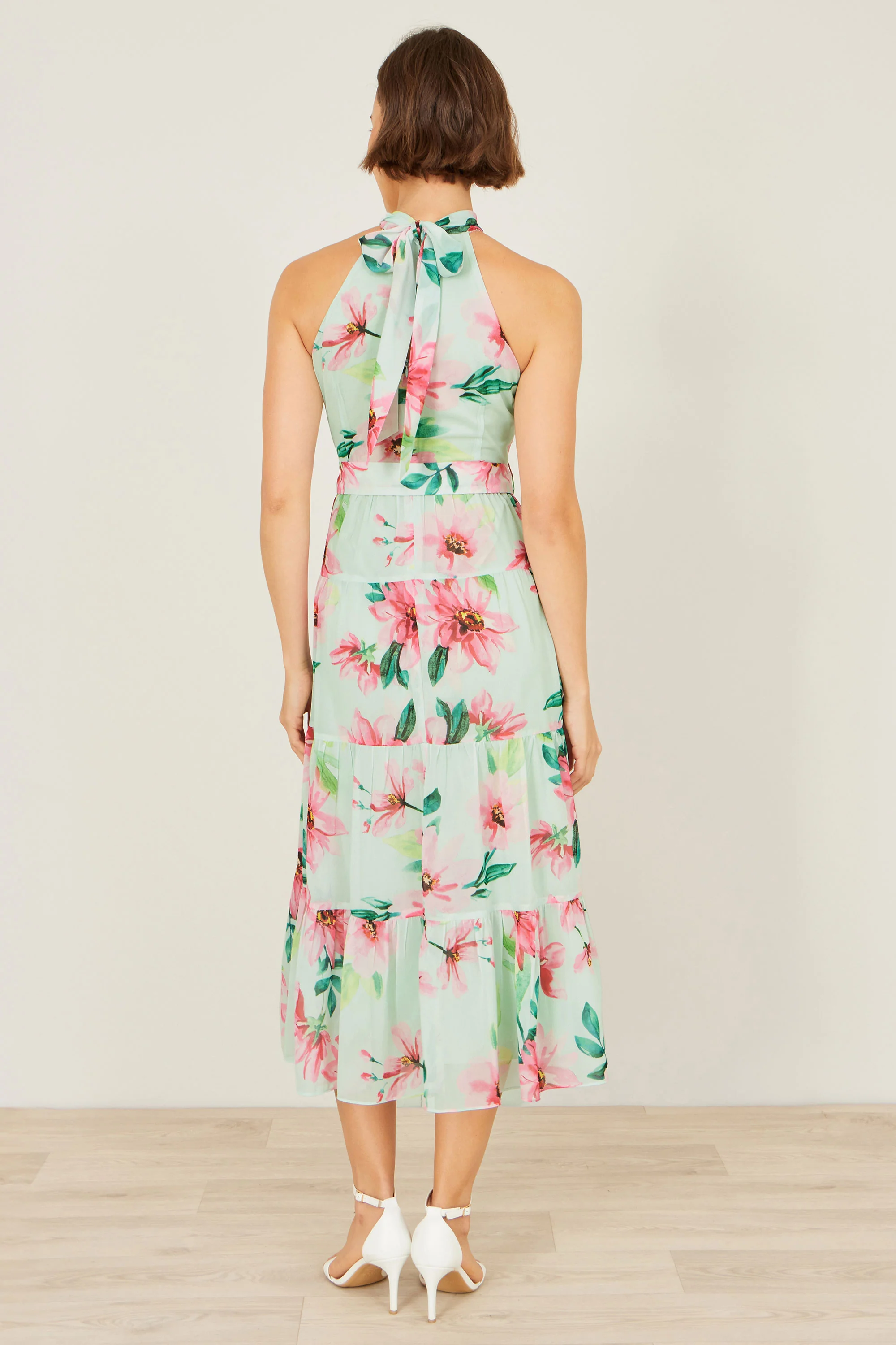 Yumi Mint Floral Halter Neck Midi Dress With Matching Belt - Image 4