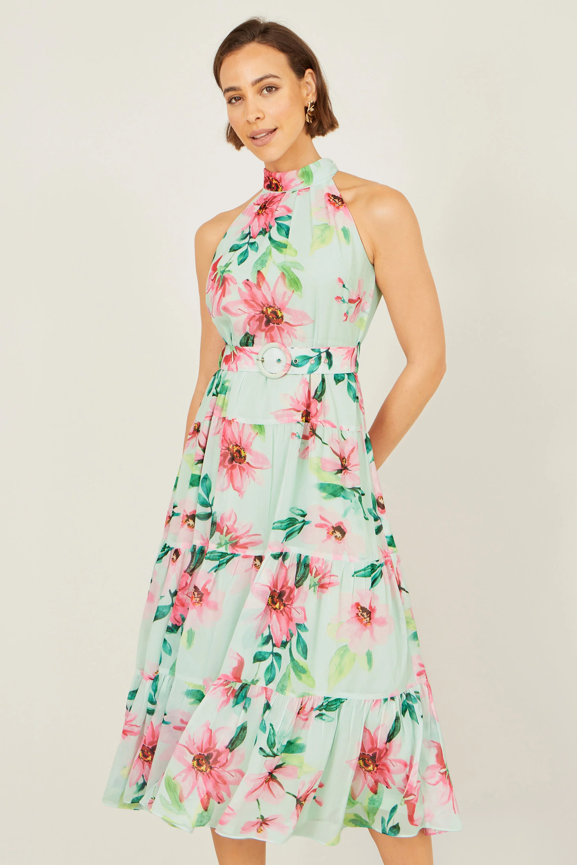 Yumi Mint Floral Halter Neck Midi Dress With Matching Belt - Image 5