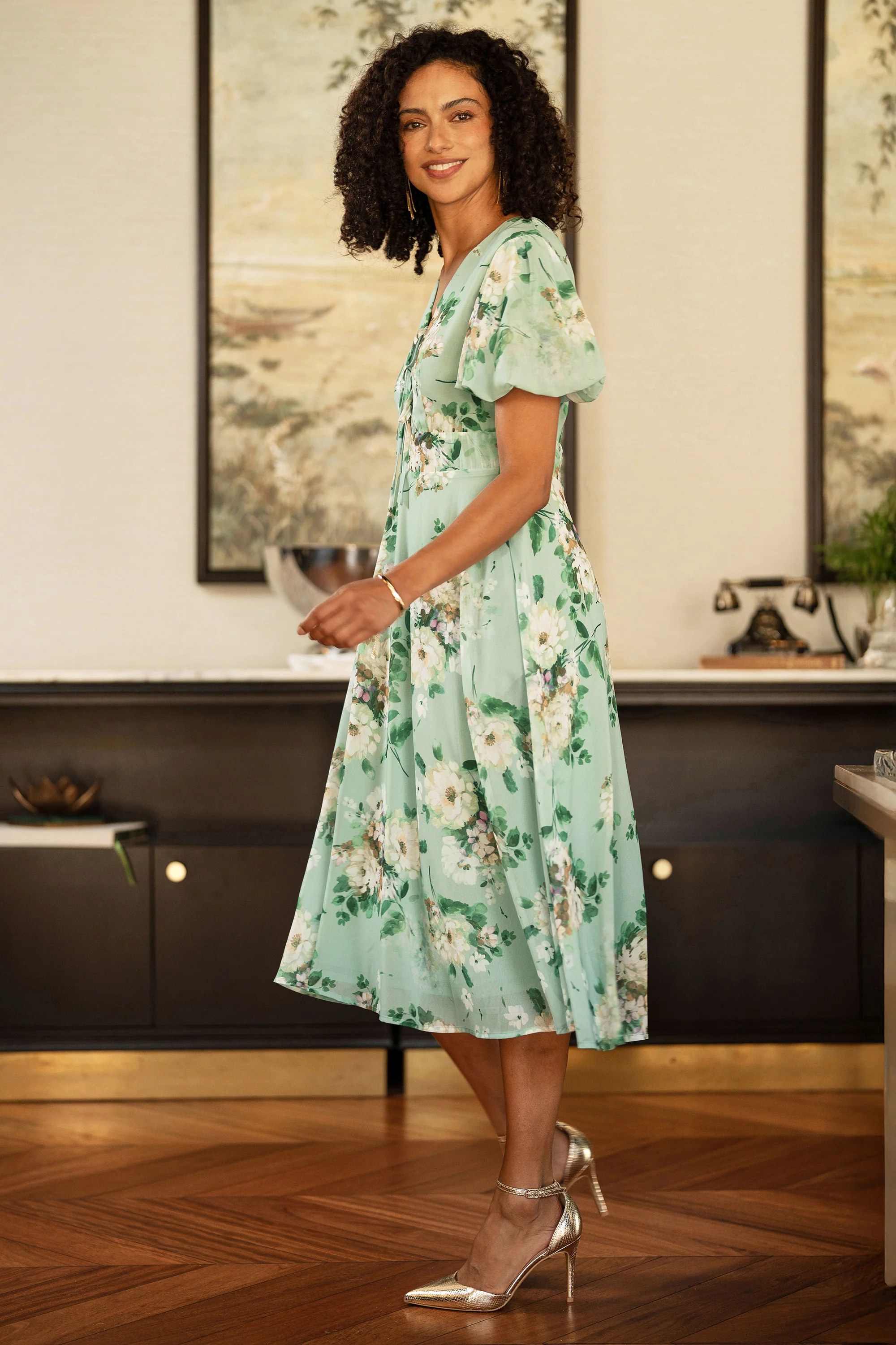 Yumi Mint Floral Tea Dress With Front Ties - Image 3