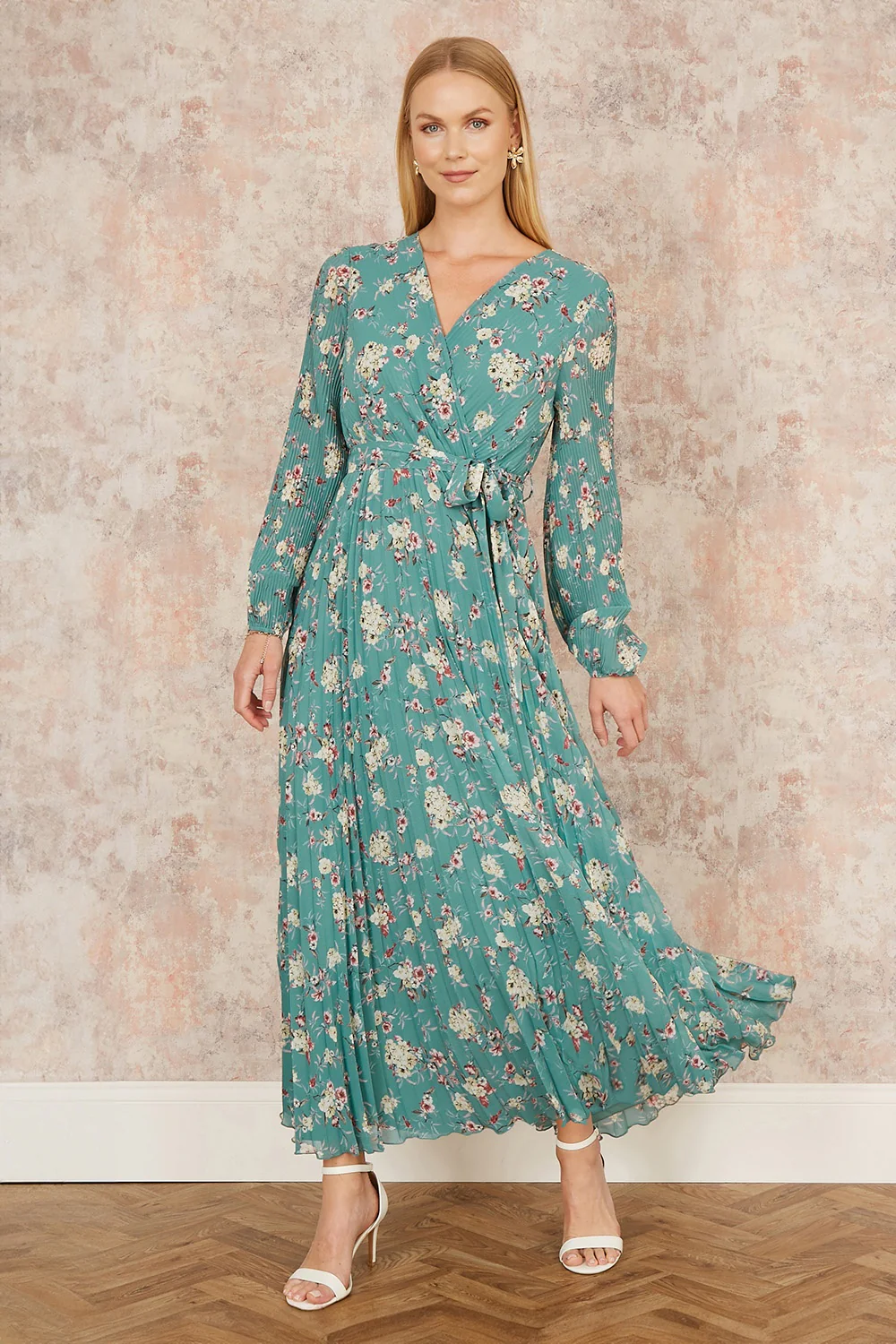 Yumi Mint Green Floral Pleated Long Sleeve Wrap Over Midi Dress - Image 2