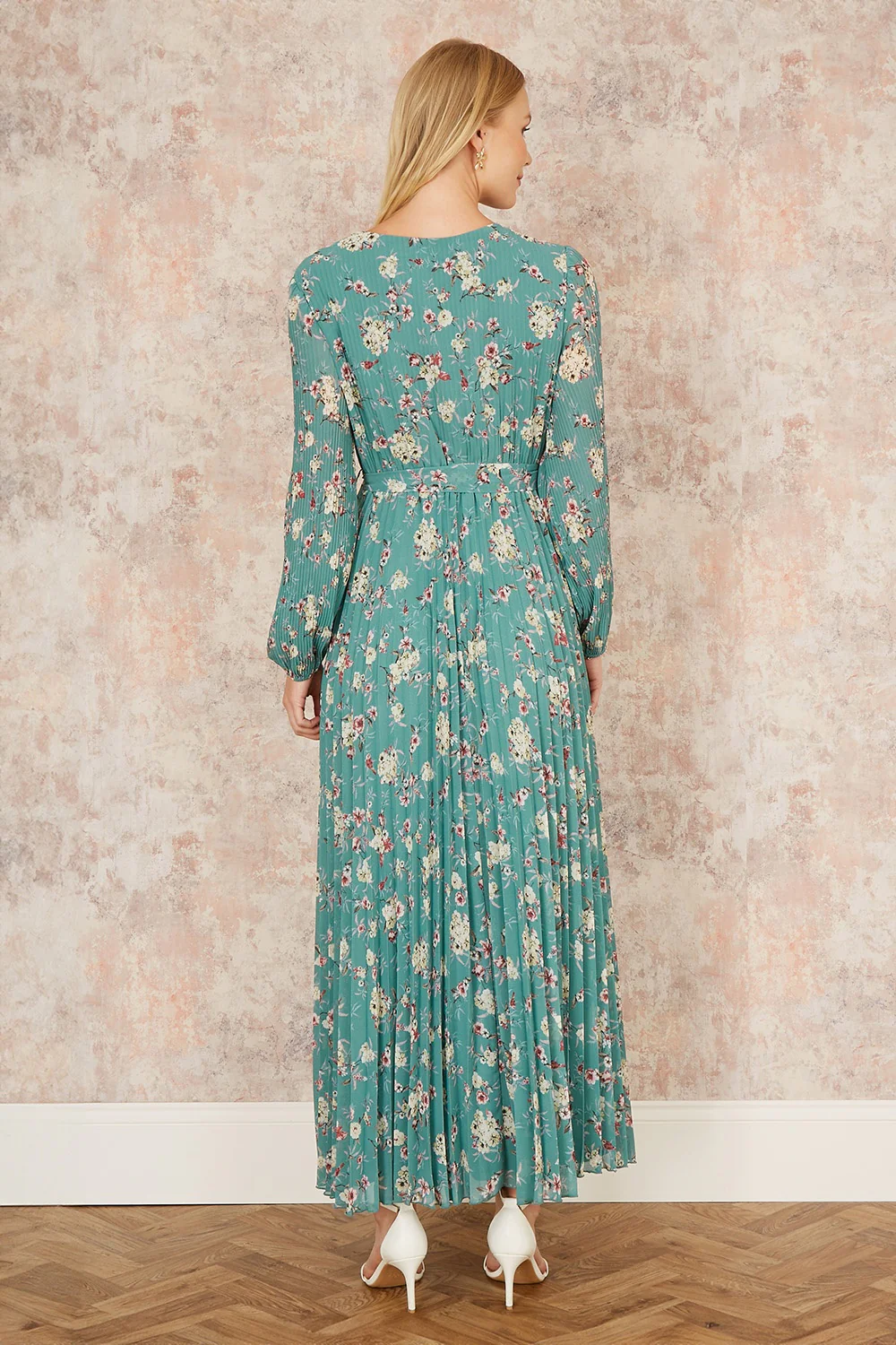 Yumi Mint Green Floral Pleated Long Sleeve Wrap Over Midi Dress - Image 3