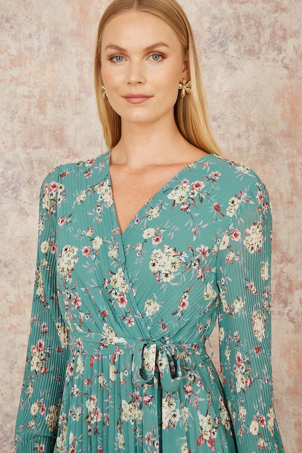 Yumi Mint Green Floral Pleated Long Sleeve Wrap Over Midi Dress - Image 4