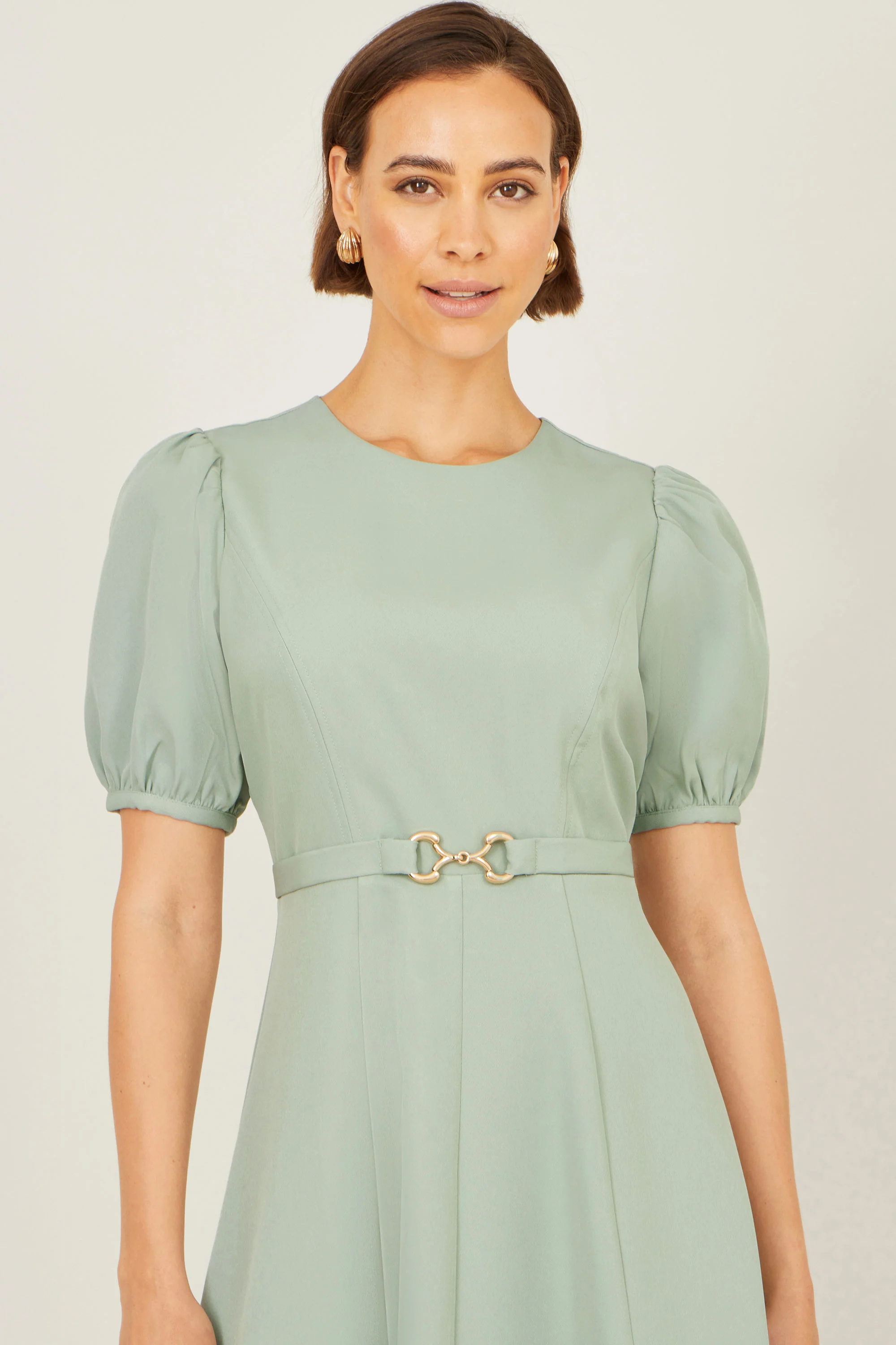 Yumi Mint Skater Dress With Puff Sleeves And Buckle Detail - Image 2