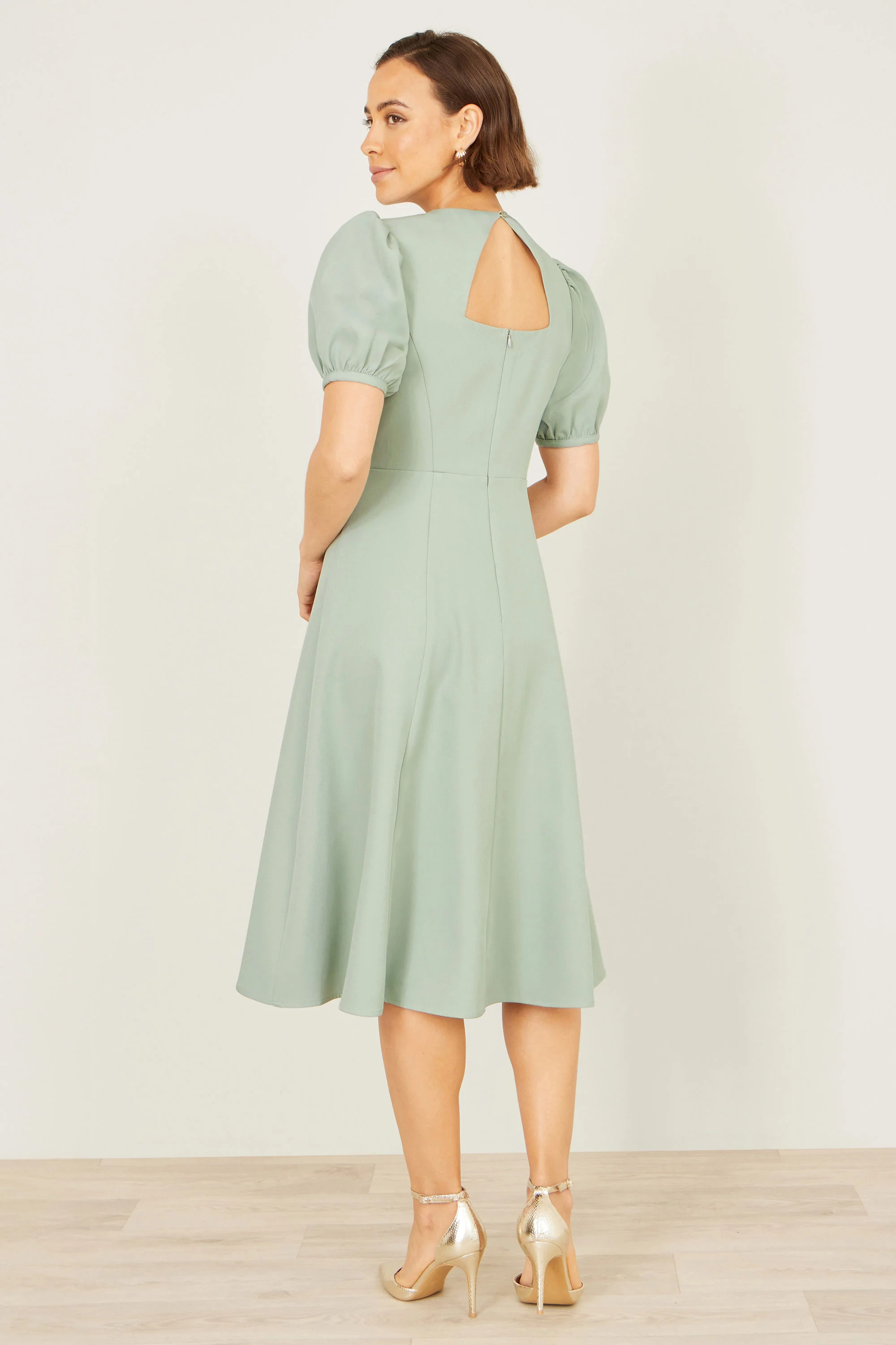 Yumi Mint Skater Dress With Puff Sleeves And Buckle Detail - Image 3