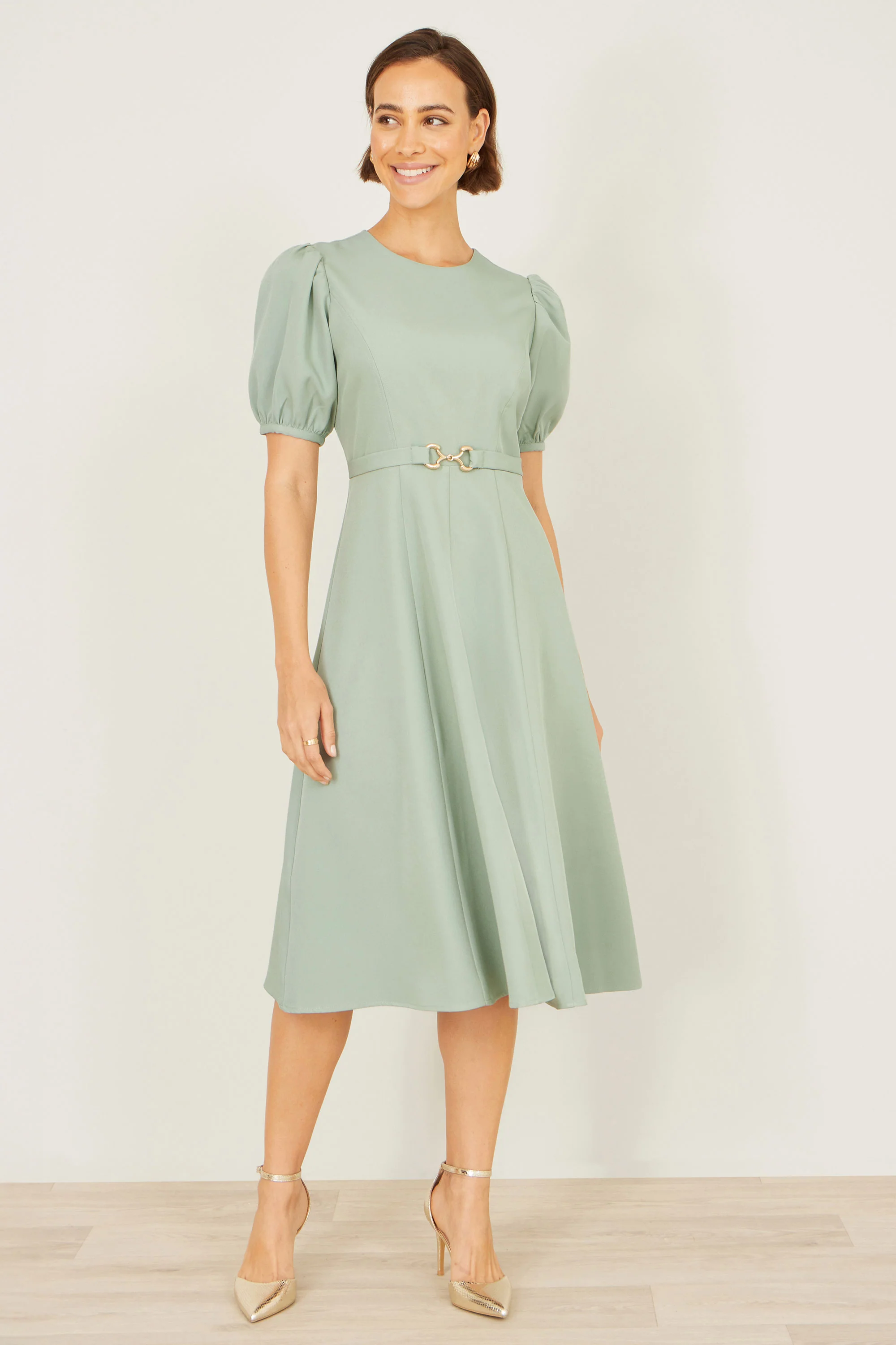 Yumi Mint Skater Dress With Puff Sleeves And Buckle Detail - Image 4