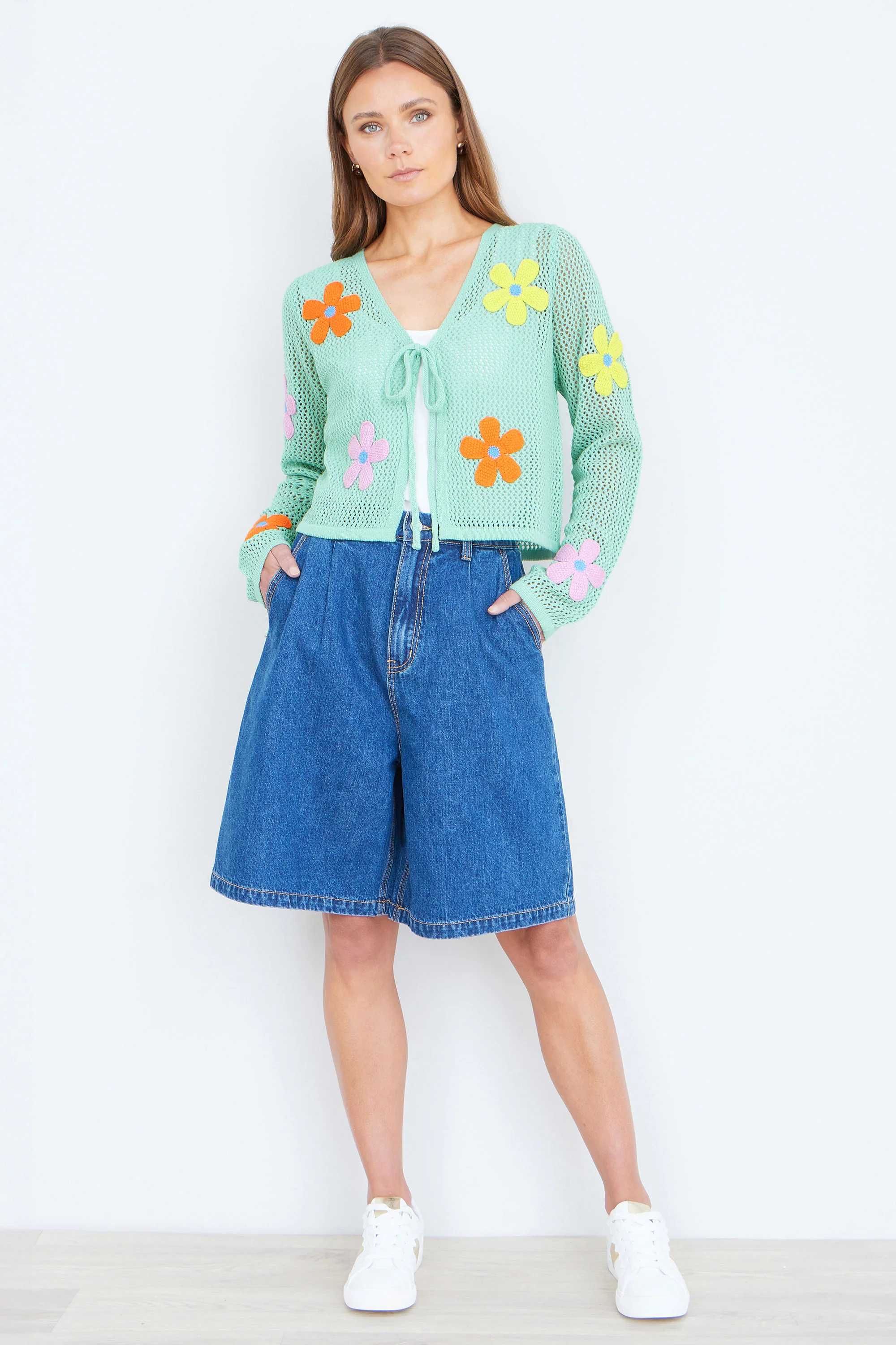 Yumi Mint Tie Front Cardigan With Flower Design - Image 3