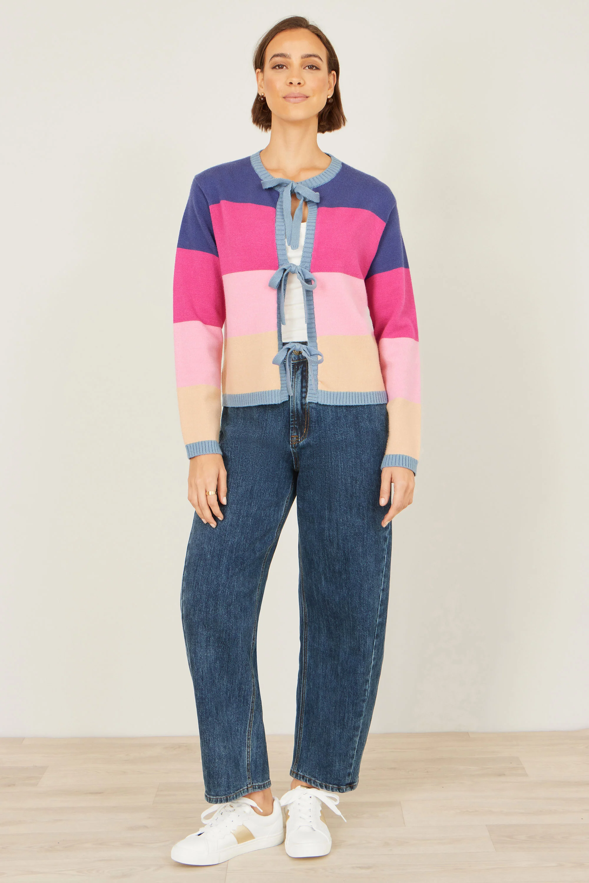 Yumi Multicolour Block Stripe Tie Front Cardigan - Image 2