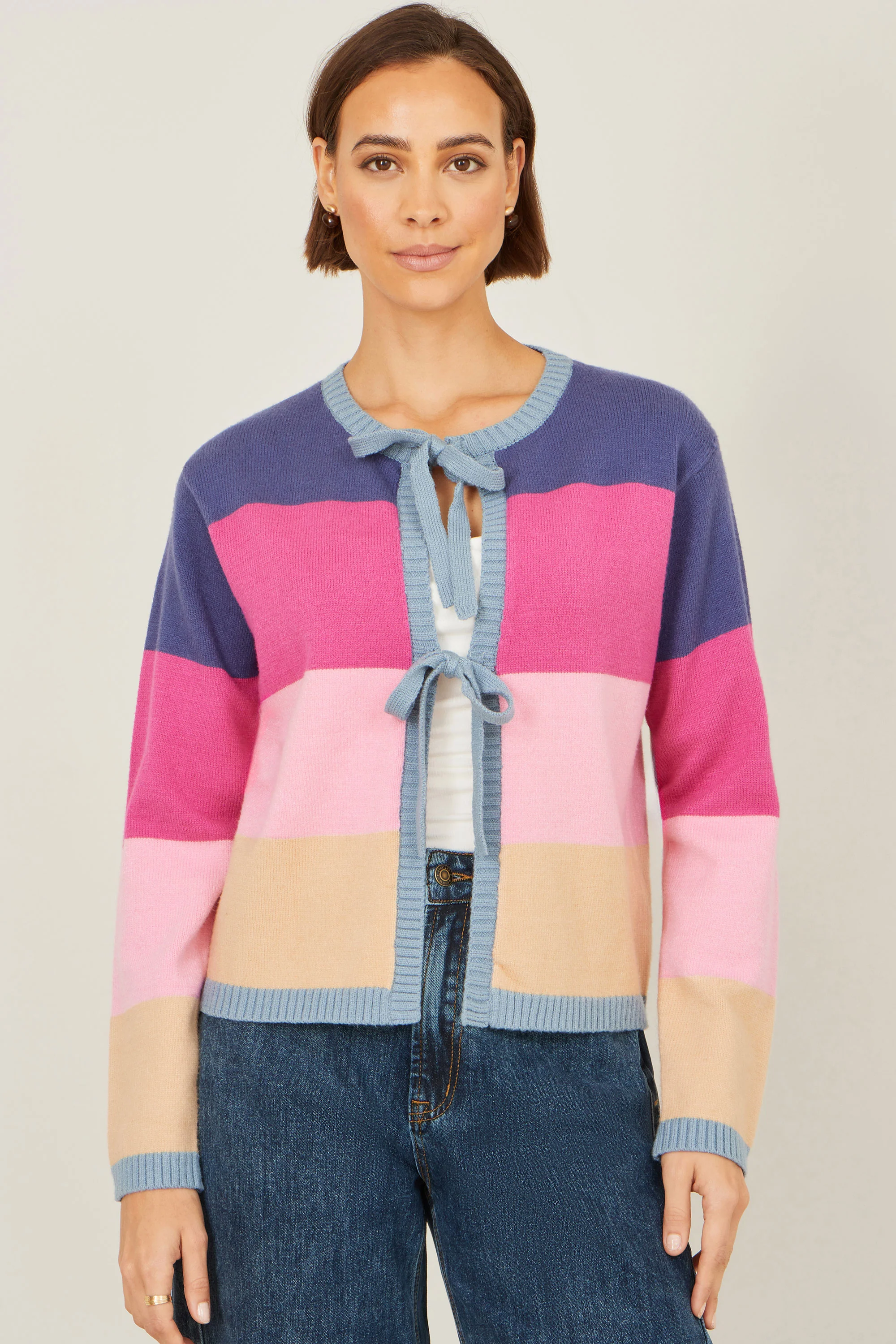 Yumi Multicolour Block Stripe Tie Front Cardigan - Image 3