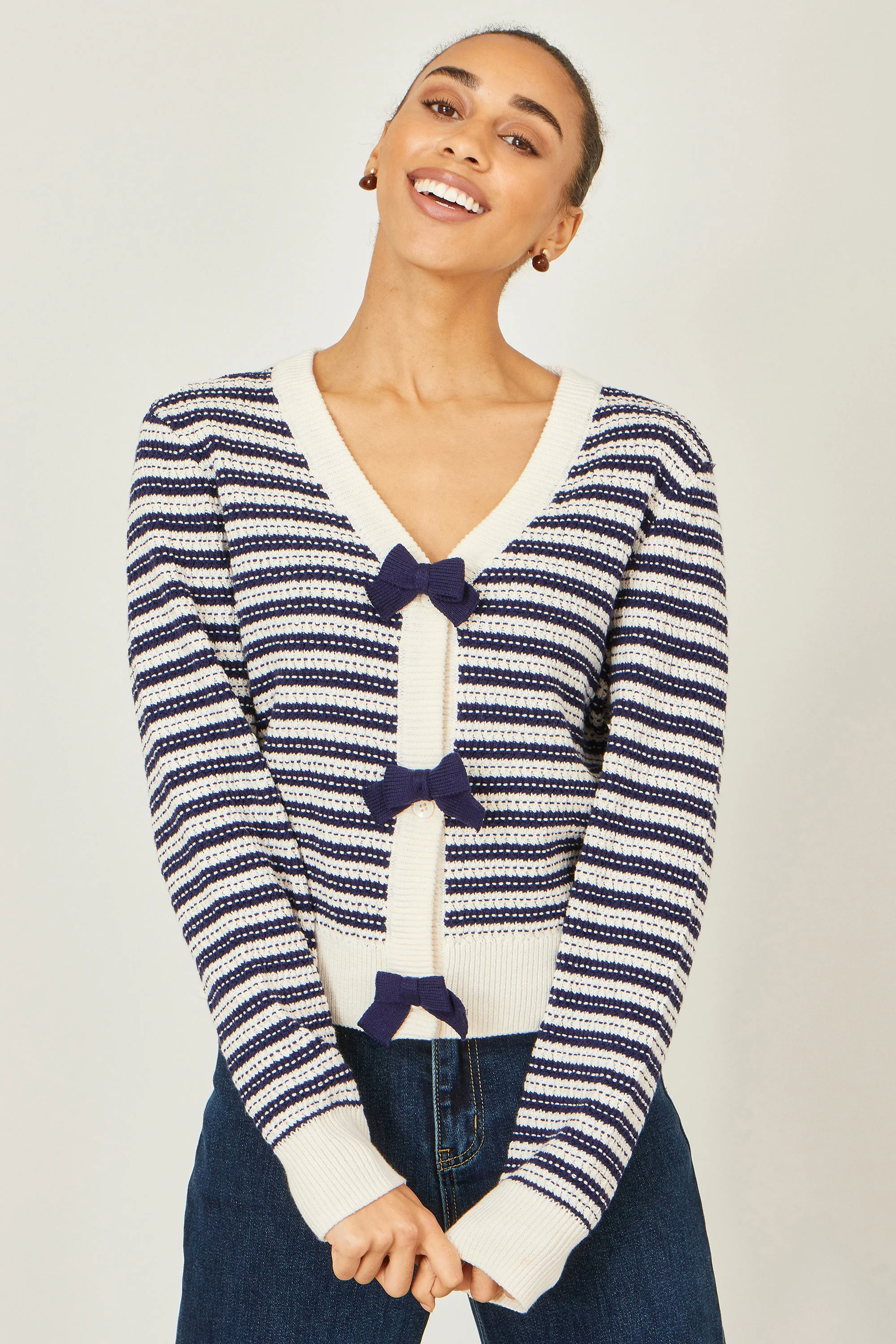 Yumi Multicolour Block Stripe Tie Front Cardigan - Image 4