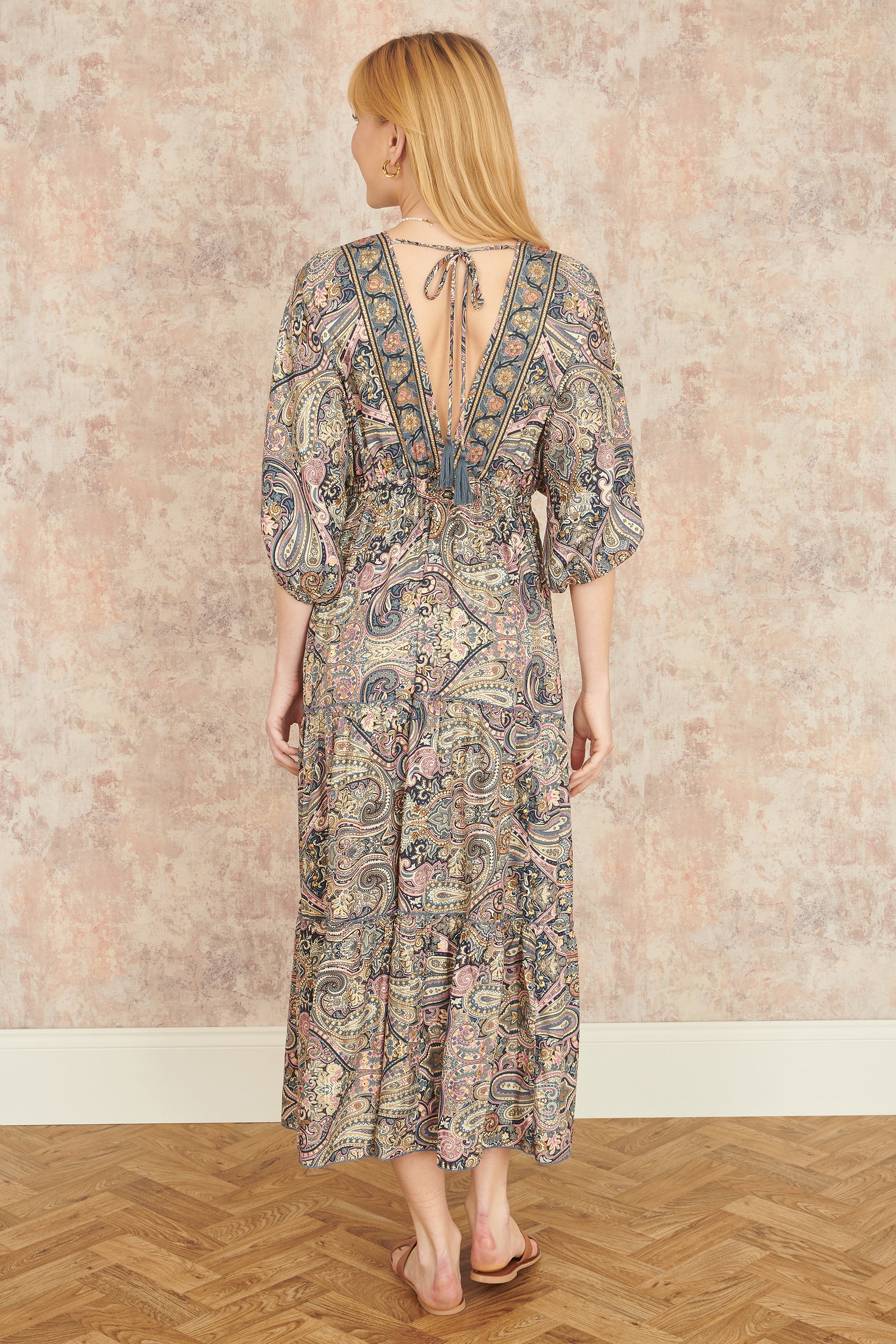 Yumi Multicolour Paisley Print Midi Kimono Dress With Tie Back - Image 4