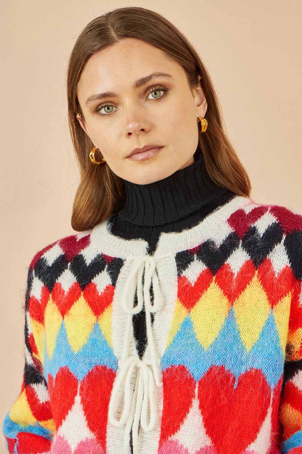 Yumi Multicolour Tie Front Heart Intarsia Cardigan - Image 3