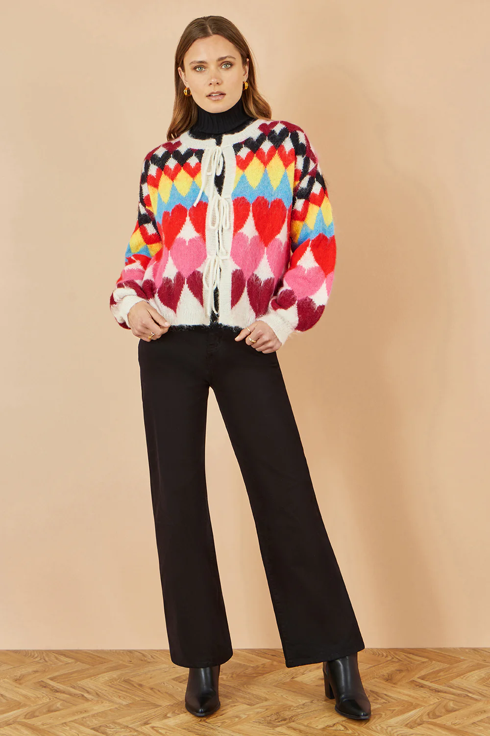 Yumi Multicolour Tie Front Heart Intarsia Cardigan - Image 4