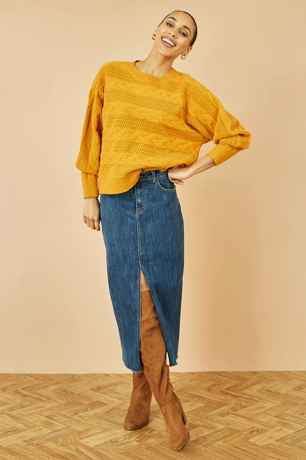 Yumi Mustard Cable Knit Relaxed Fit Jumper - Image 2
