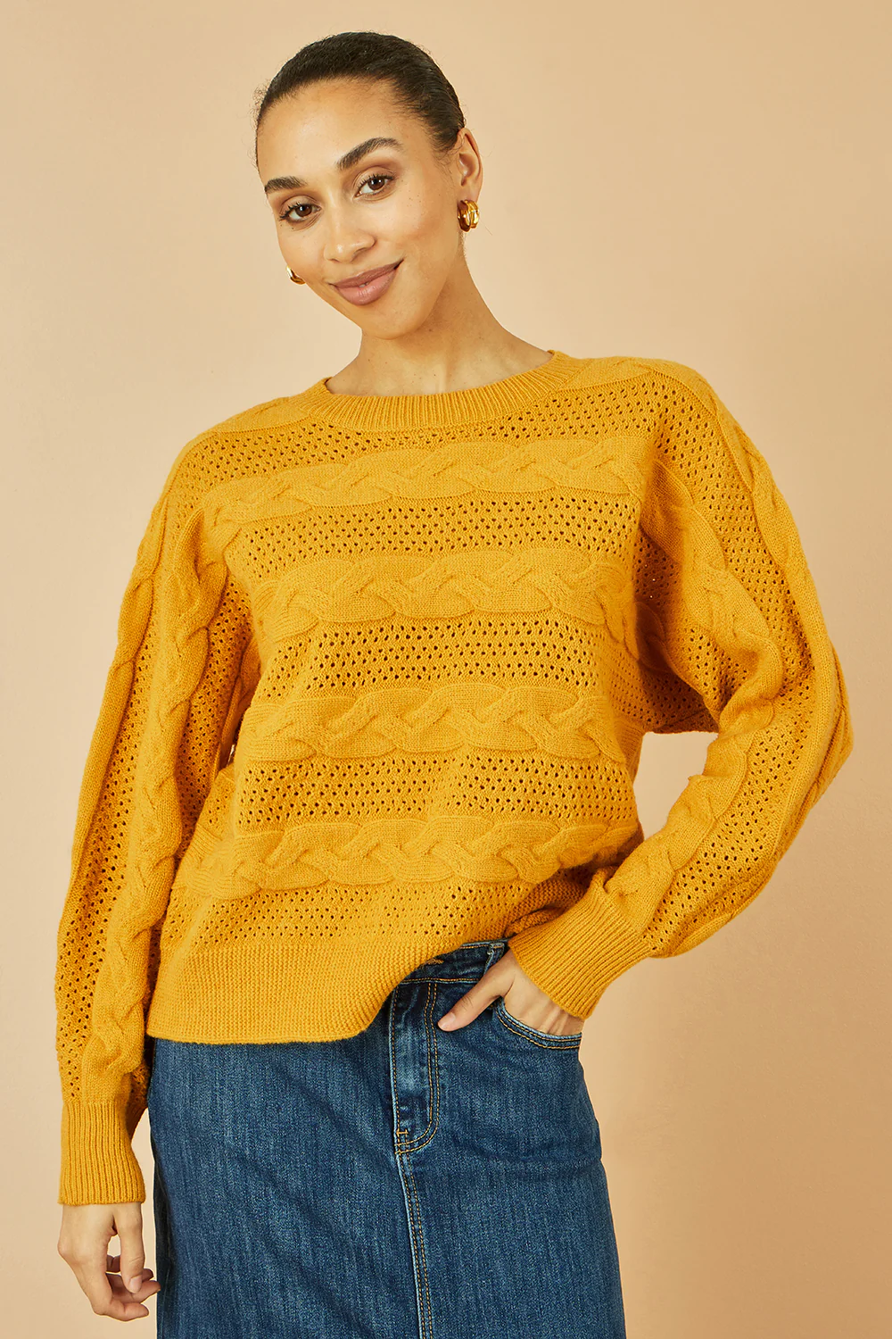 Yumi Mustard Cable Knit Relaxed Fit Jumper - Image 3