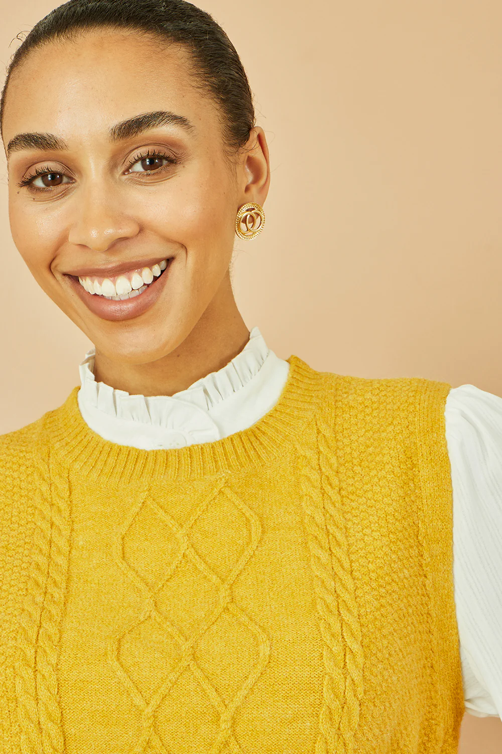 Yumi Mustard Cable Knit Sleeveless Jumper - Image 2