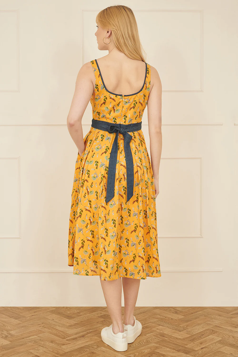 Yumi Mustard Floral Skater Dress With Denim Trims - Image 3