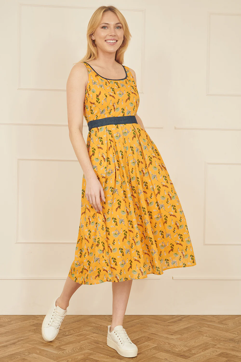 Yumi Mustard Floral Skater Dress With Denim Trims - Image 4