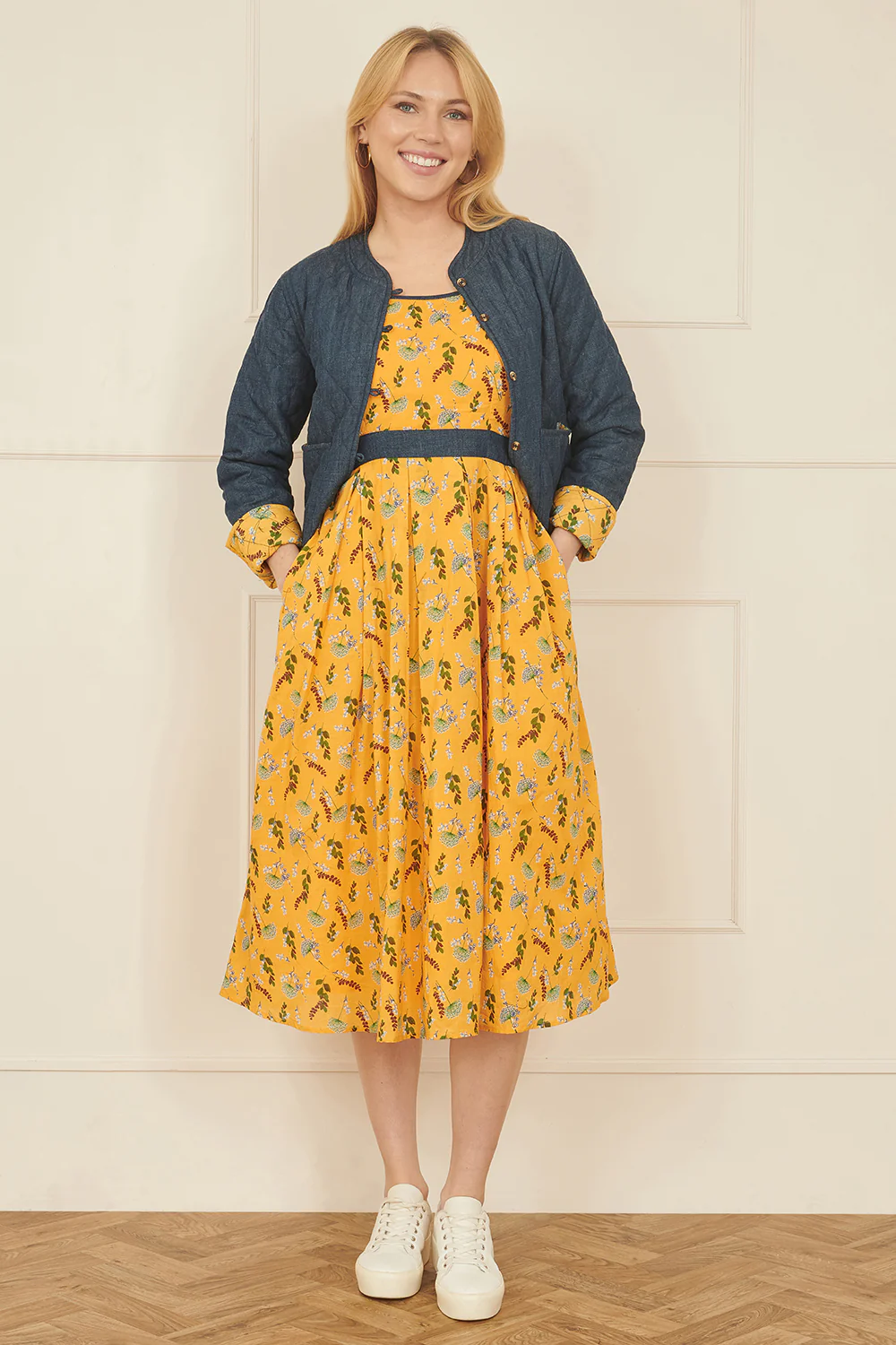 Yumi Mustard Floral Skater Dress With Denim Trims - Image 5