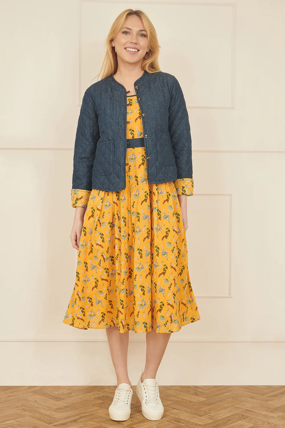 Yumi Mustard Floral Skater Dress With Denim Trims - Image 6
