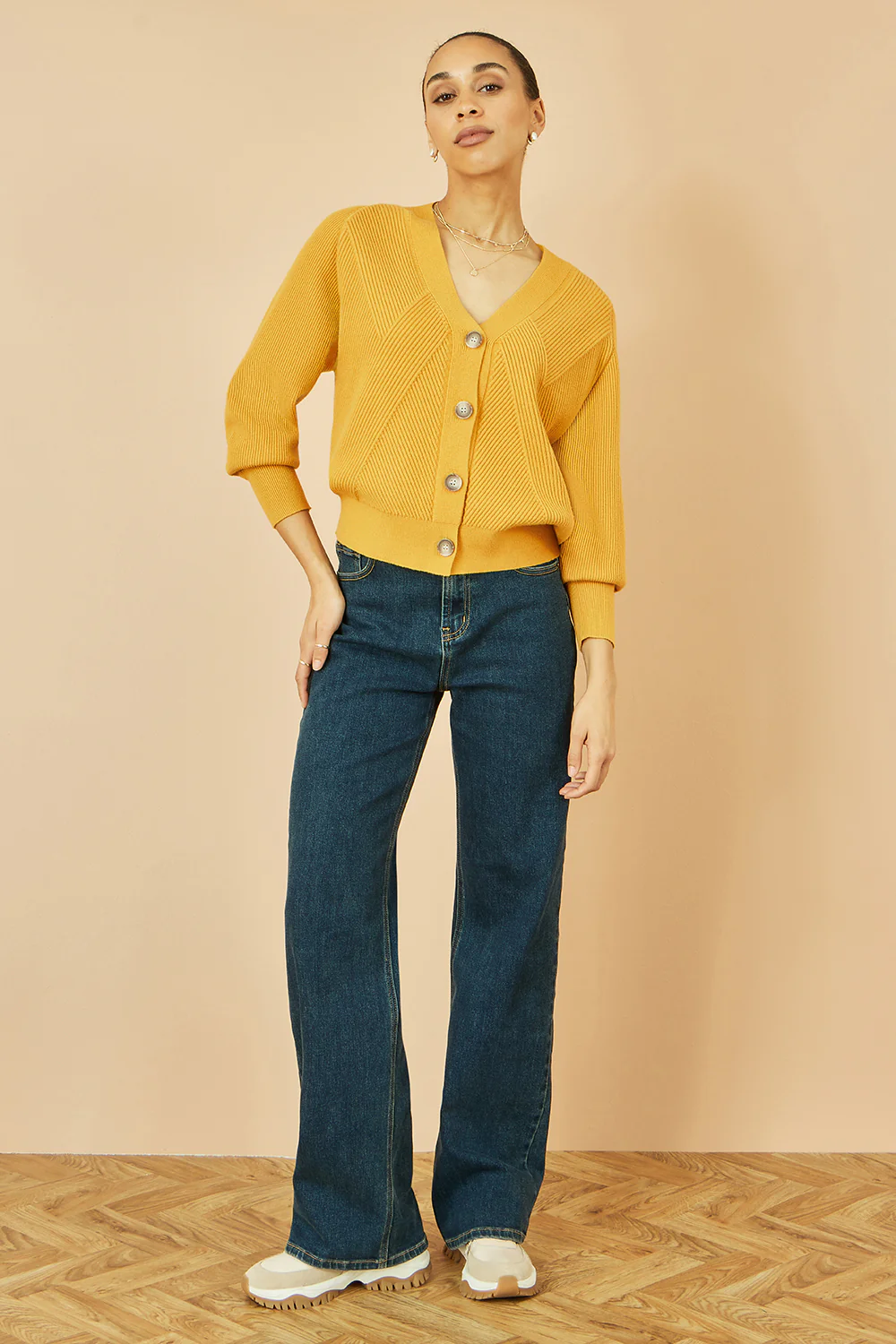 Yumi Mustard Relaxed Fit Cardigan With Stitch Detail - Image 3