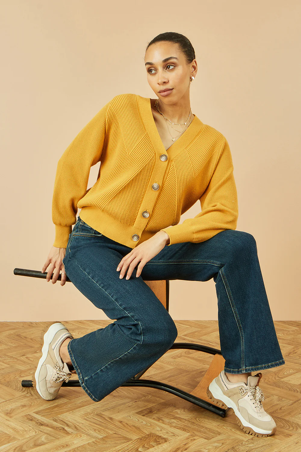 Yumi Mustard Relaxed Fit Cardigan With Stitch Detail - Image 4